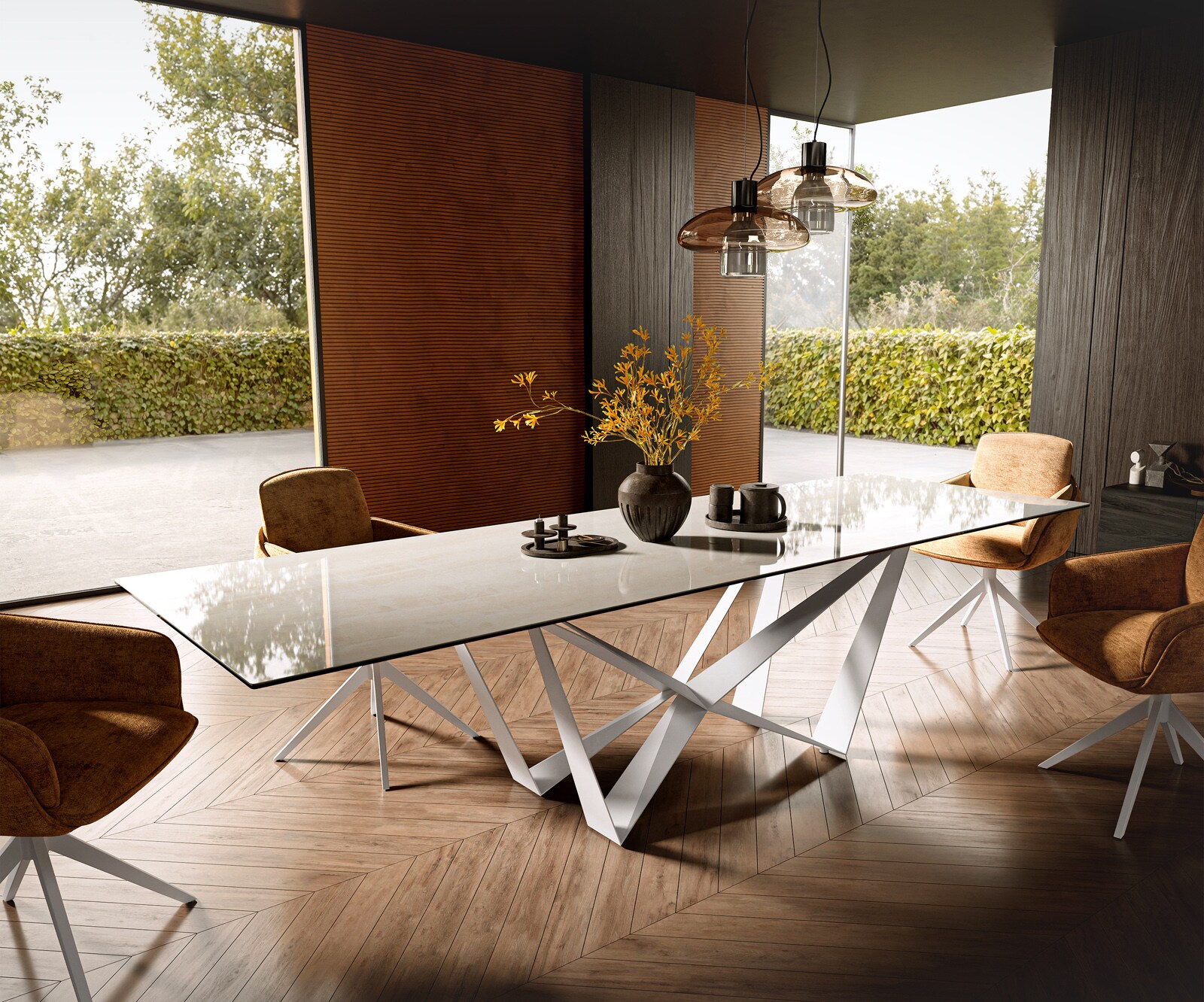 Esstisch Edge 300x100 cm Keramik Onyx Champagne Spider Metall Weiß 1