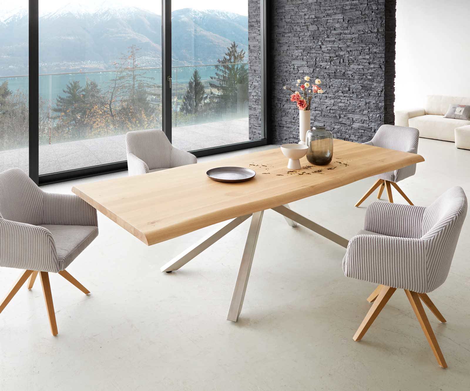 Esstisch Edge 260x100 Eiche Natur Kreuzgestell Rechteck Edelstahl Live-Edge 6