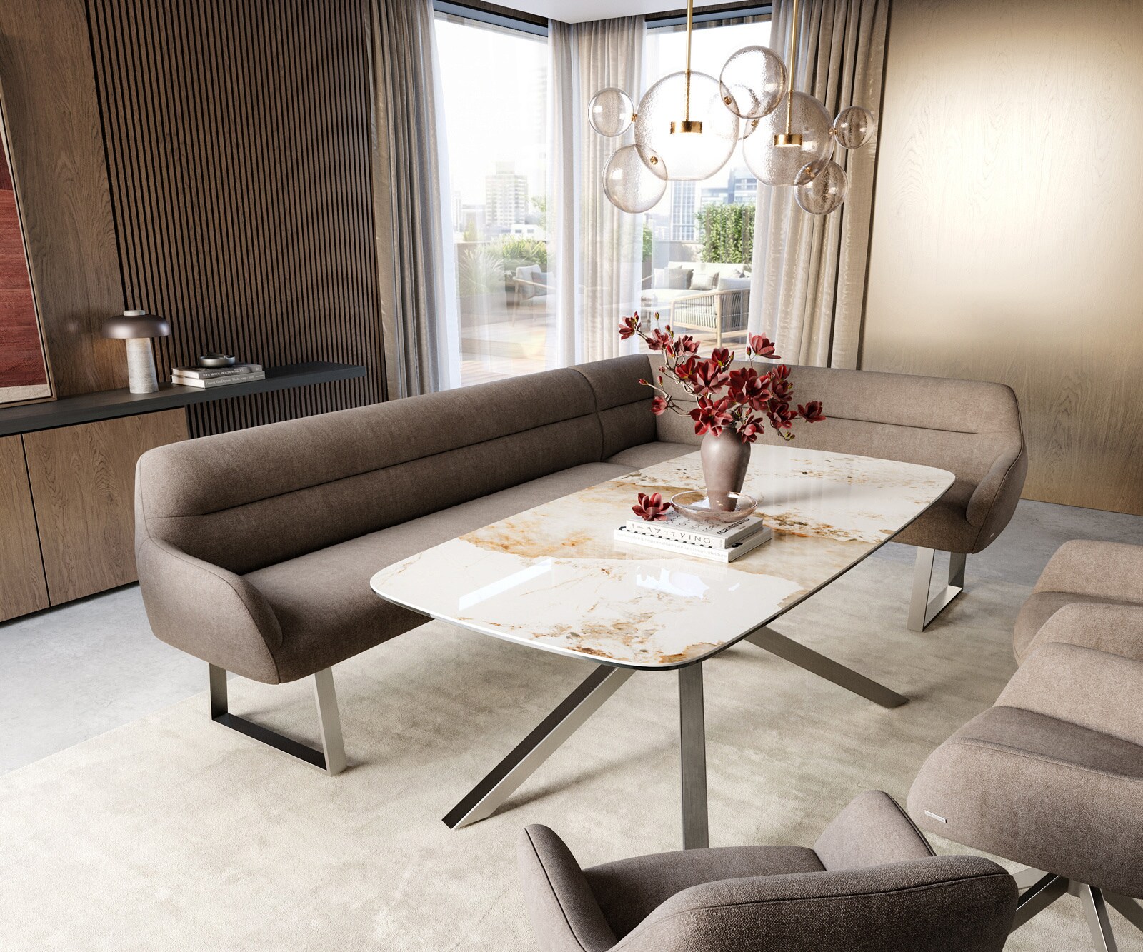 Esszimmerbank Taya-Flex 285x190 cm Strukturstoff Soft Taupe Kufengestell kantig Edelstahl Taschenfederkern Links 1