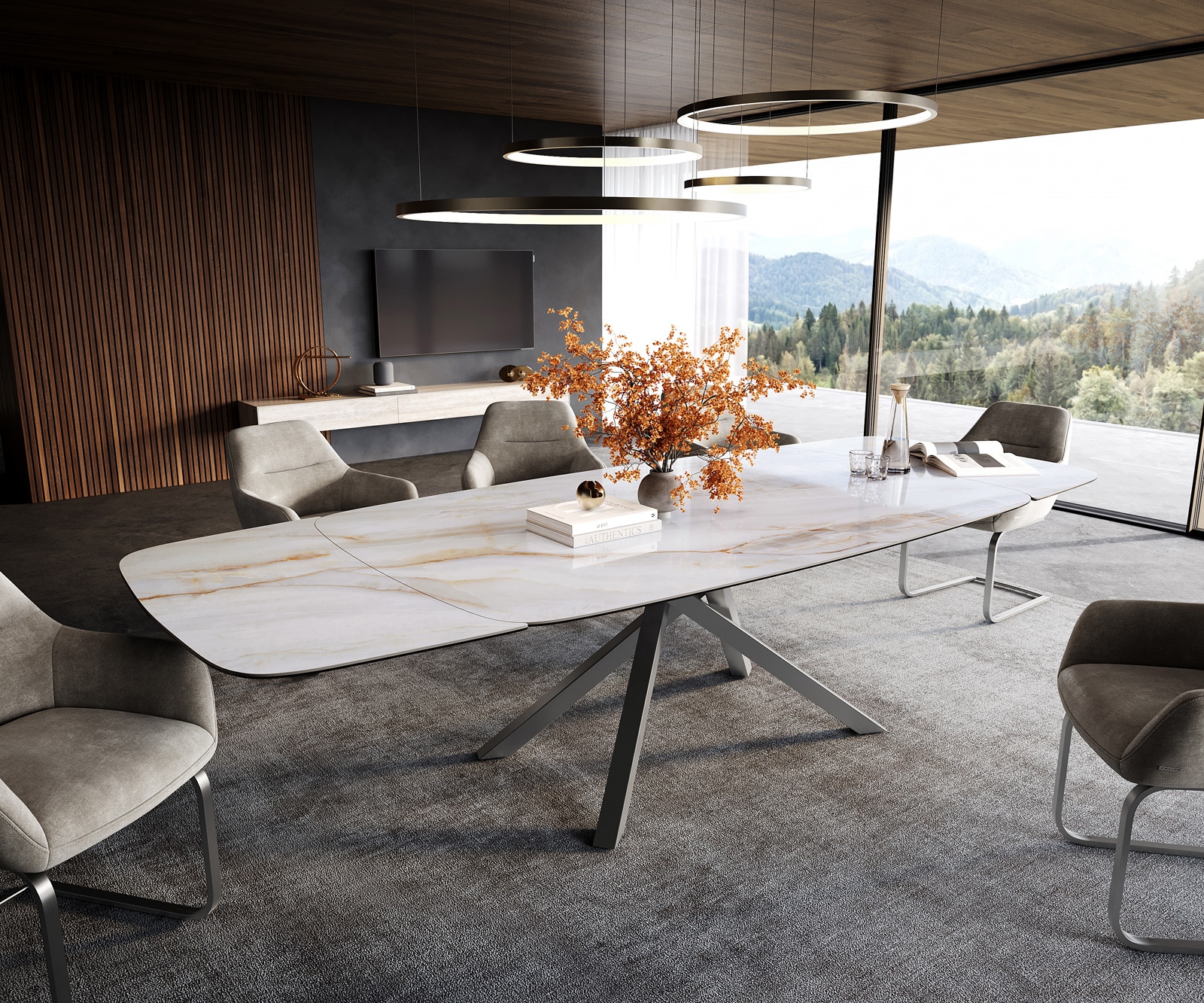 Esstisch Edge Boot 200-300x120 cm Keramik Onyx Pearl Kreuzgestell Rechteck Edelstahl ausziehbar
