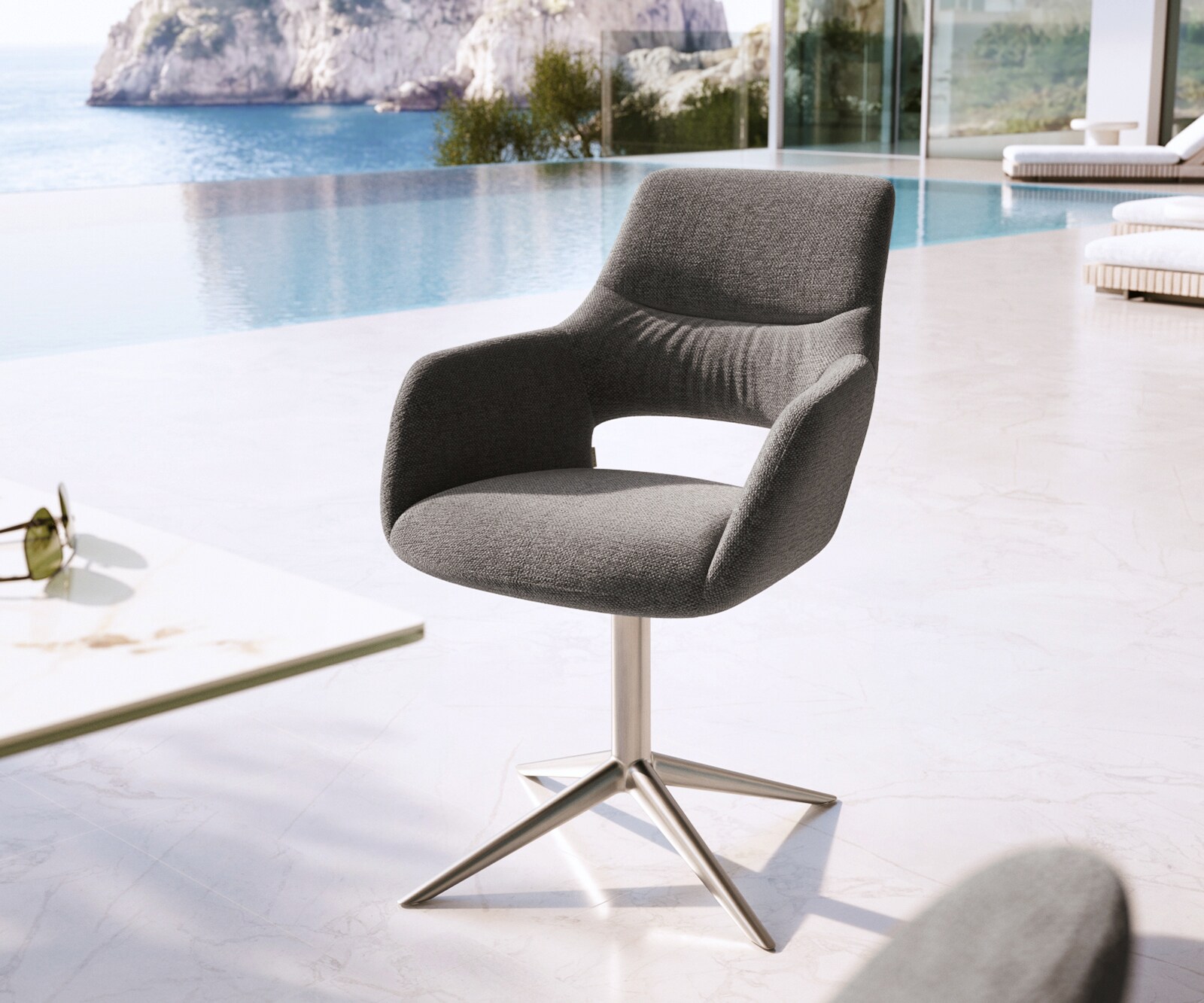 Outdoorstuhl Yago-Flex mit Armlehnen Strukturstoff Graphit Fußkreuz Edelstahl 360° drehbar Wippfunktion