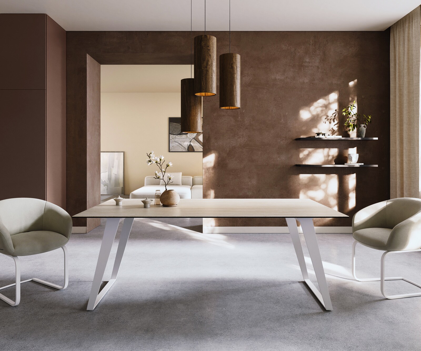 DELIFE Esstisch Edge 200x100 Keramik Laminam Travertino Bianco Creme-Weiß Metall Schräg Weiß