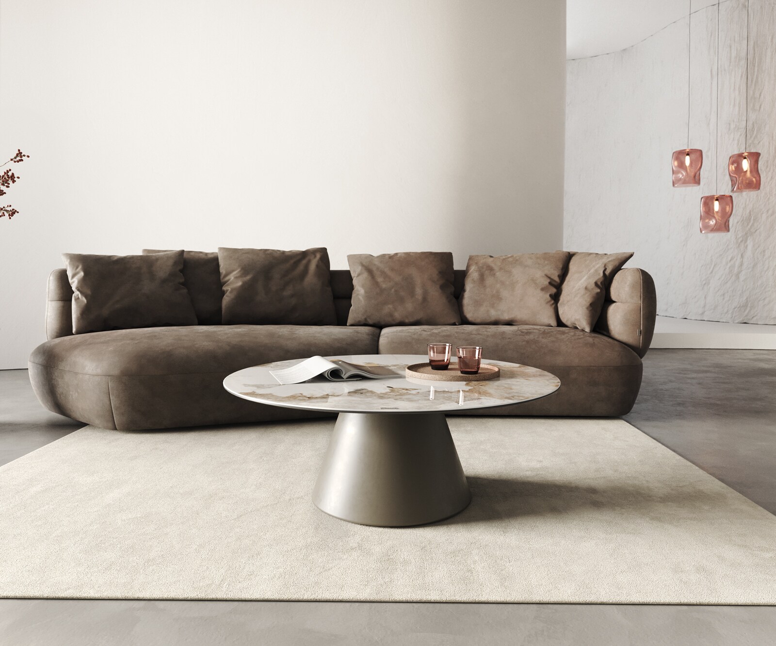 Couchtisch Borna 100x100 cm Keramik Minas Melange Weiß-Beige Gestell Konisch Effektfinish Titan 1
