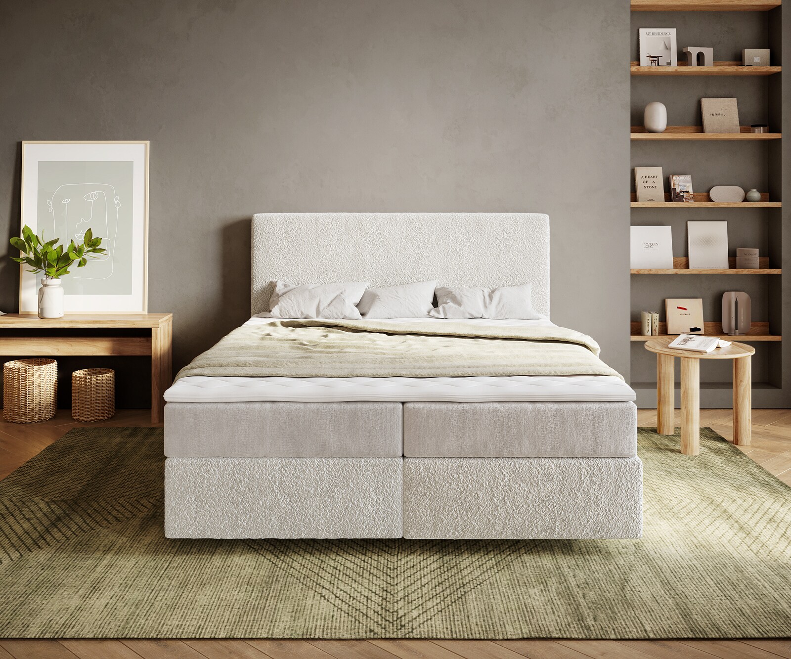Boxspringbett Dream-Well 160x200 cm Bouclé Creme-Weiß mit Taschenfederkernmatratze und Topper Visco 1