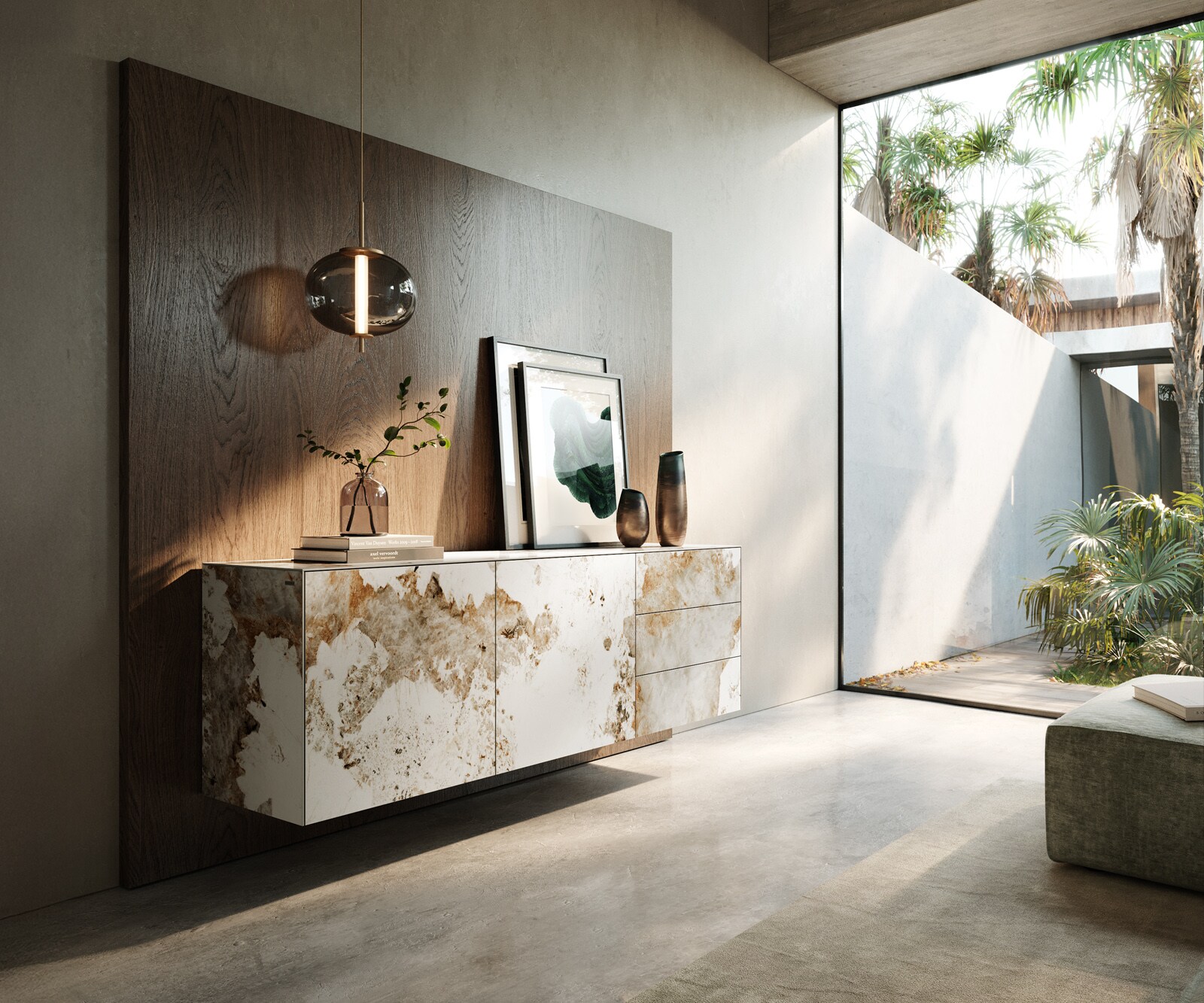 Sideboard Cuor 180 cm Keramik Minas Melange Weiß-Beige 2 Türen 3 Schubfächer Schwebend