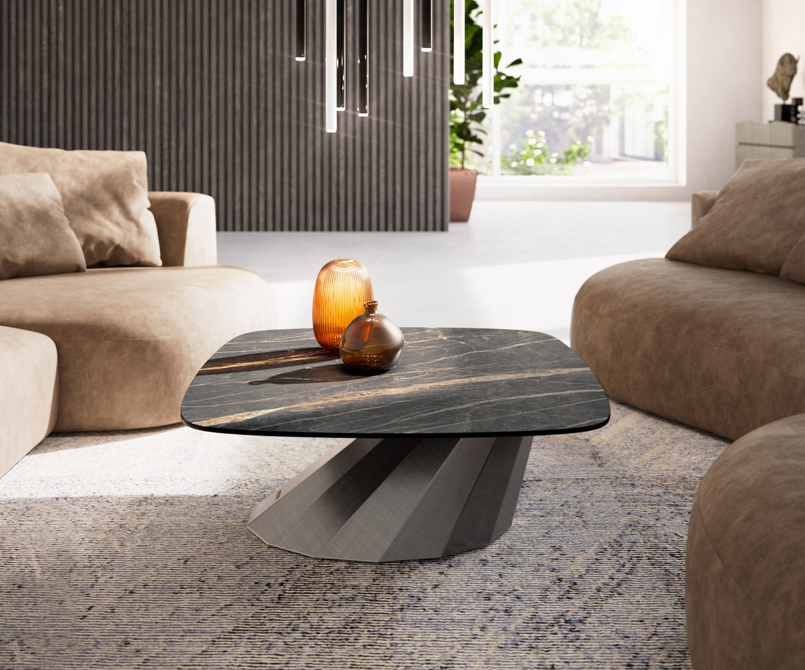 Couchtisch Edge Boot 90x90 cm Keramik Laminam® Noir Desir Braun Parabi Metallic Silber 1