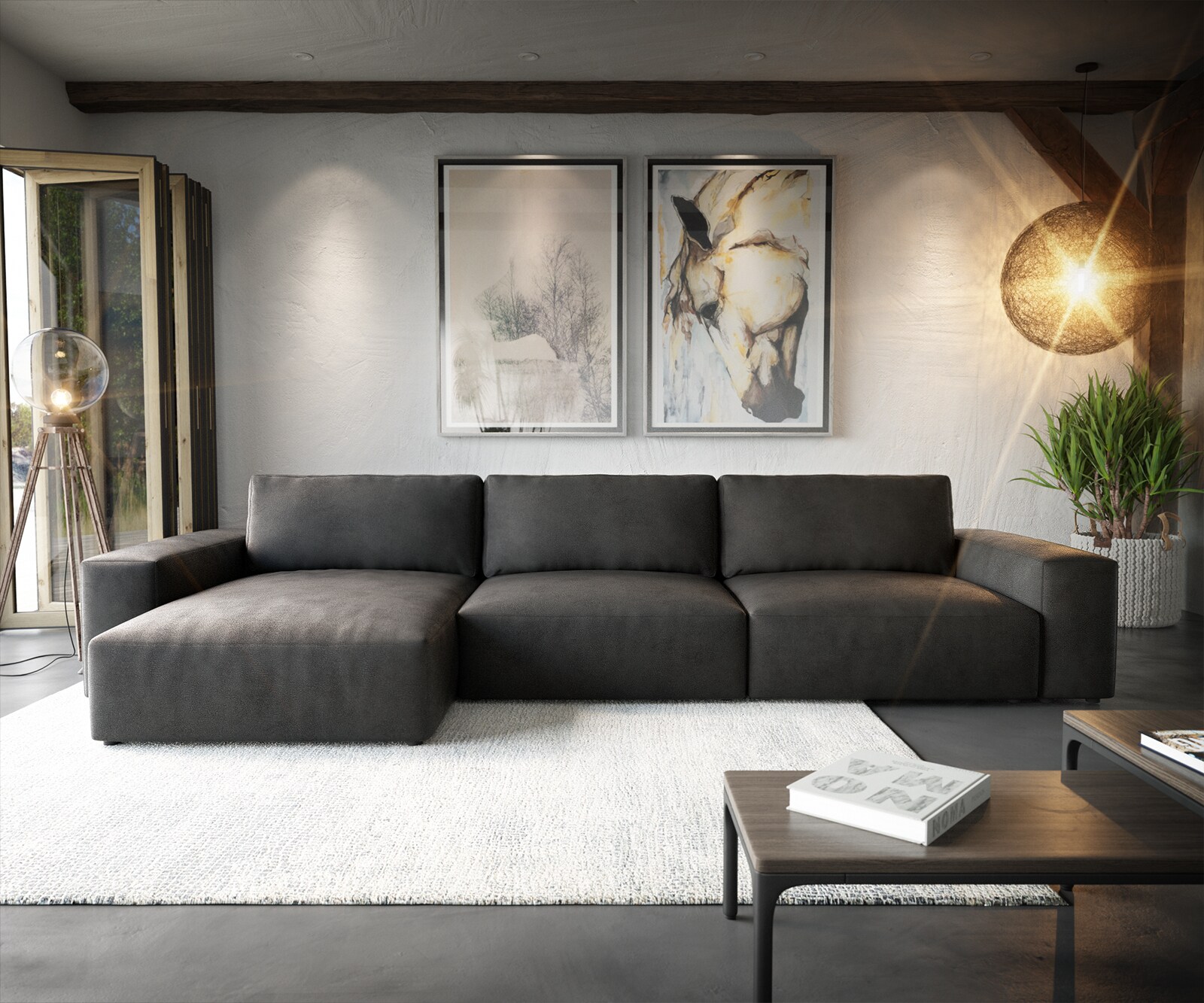 Ecksofa Lanzo XL 380x180 cm Lederimitat Vintage Anthrazit Recamiere variabel 1