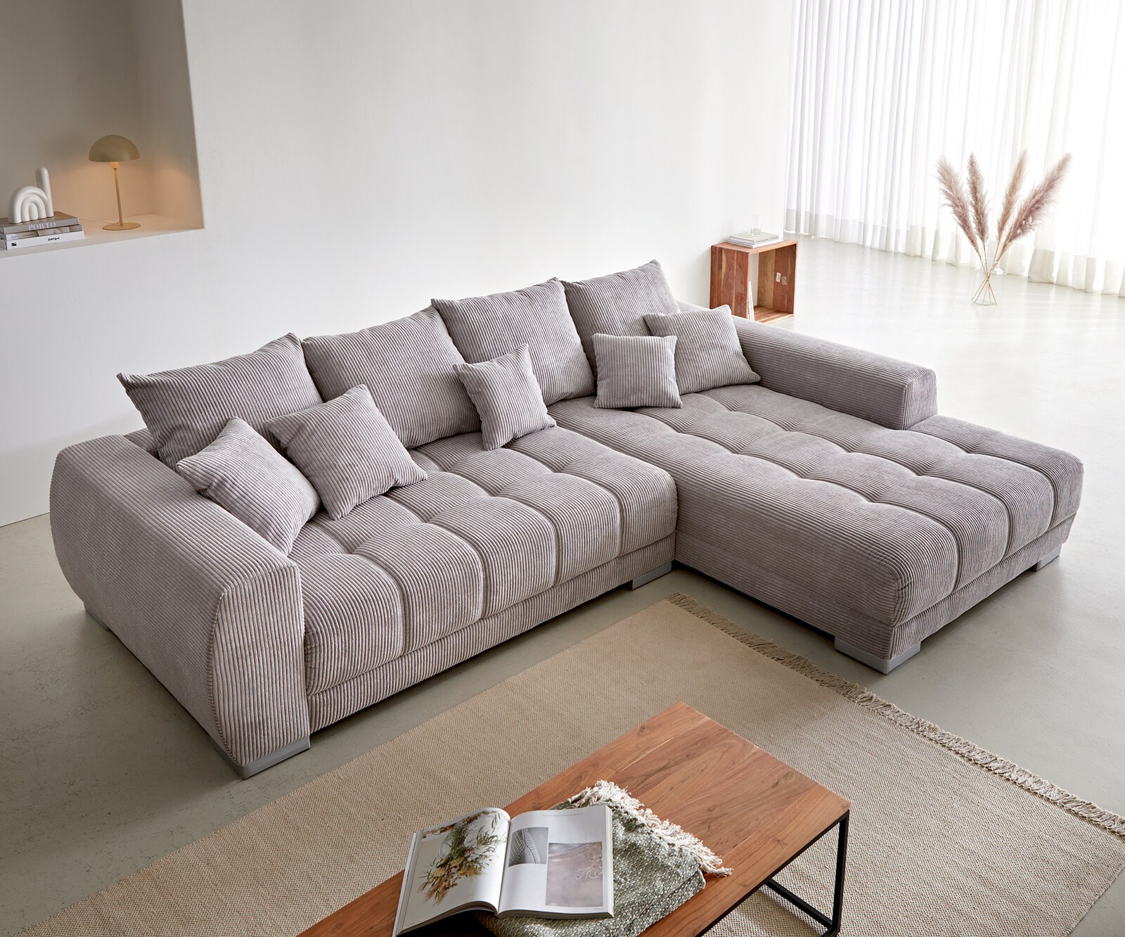 Ecksofa Josea 300x220 cm Cord Silbergrau Ottomane rechts 3