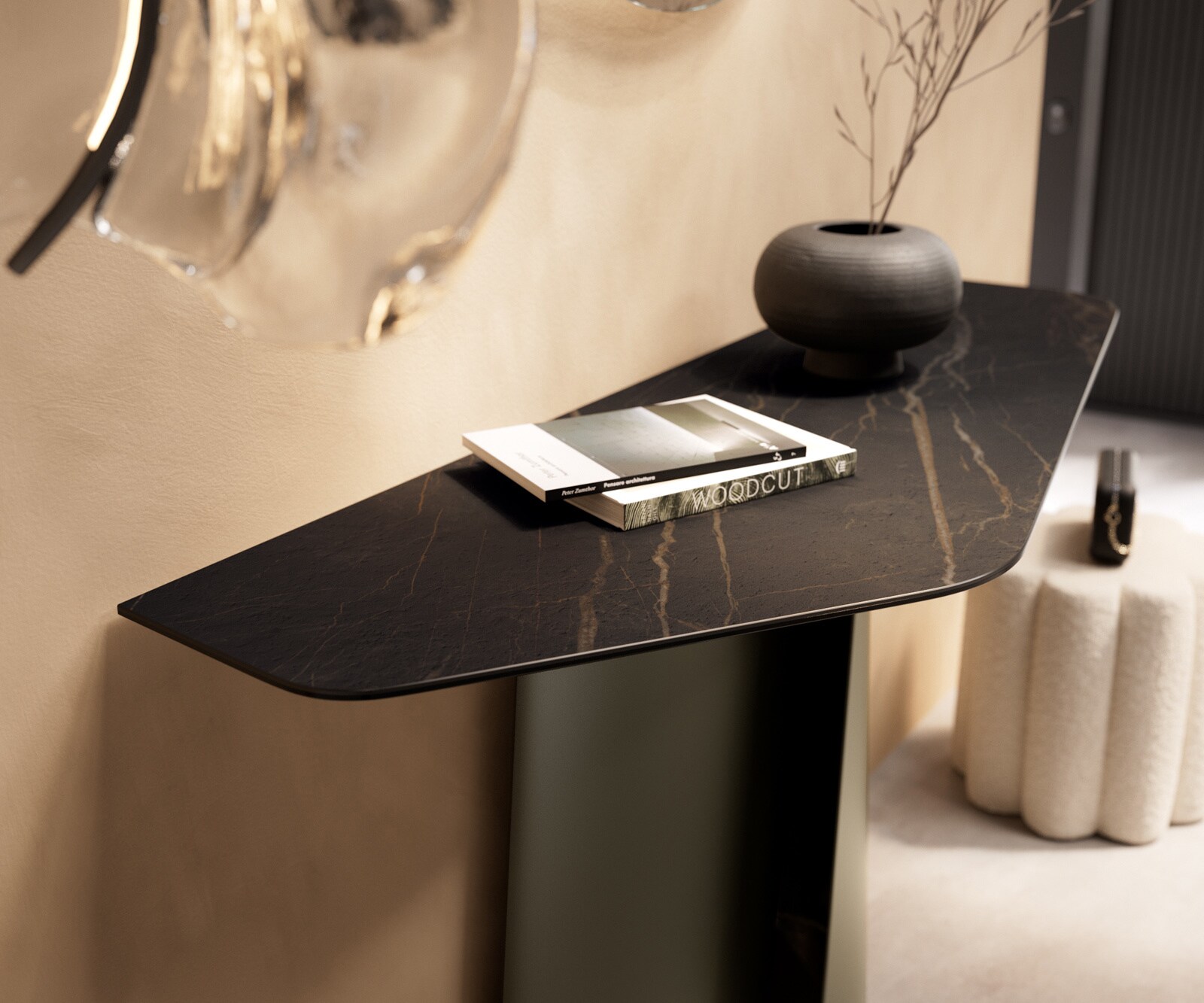 Konsolentisch Edge Polygonal 140x50 cm Keramik Laminam® Noir Desir Braun Livos Metall Effektfinish Titan 6