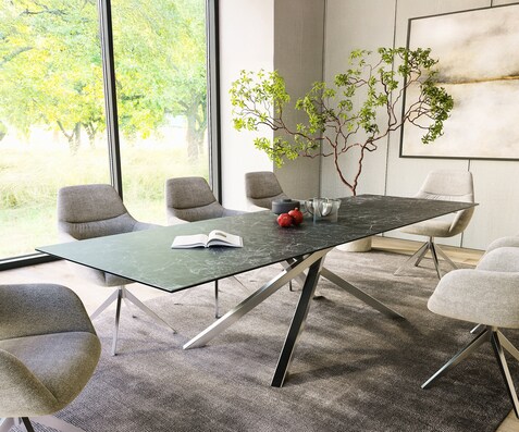 Esstisch Edge 300x100cm Keramik Laminam®Nero Greco Anthrazit Kreuzgestell Rechteck Edelstahl