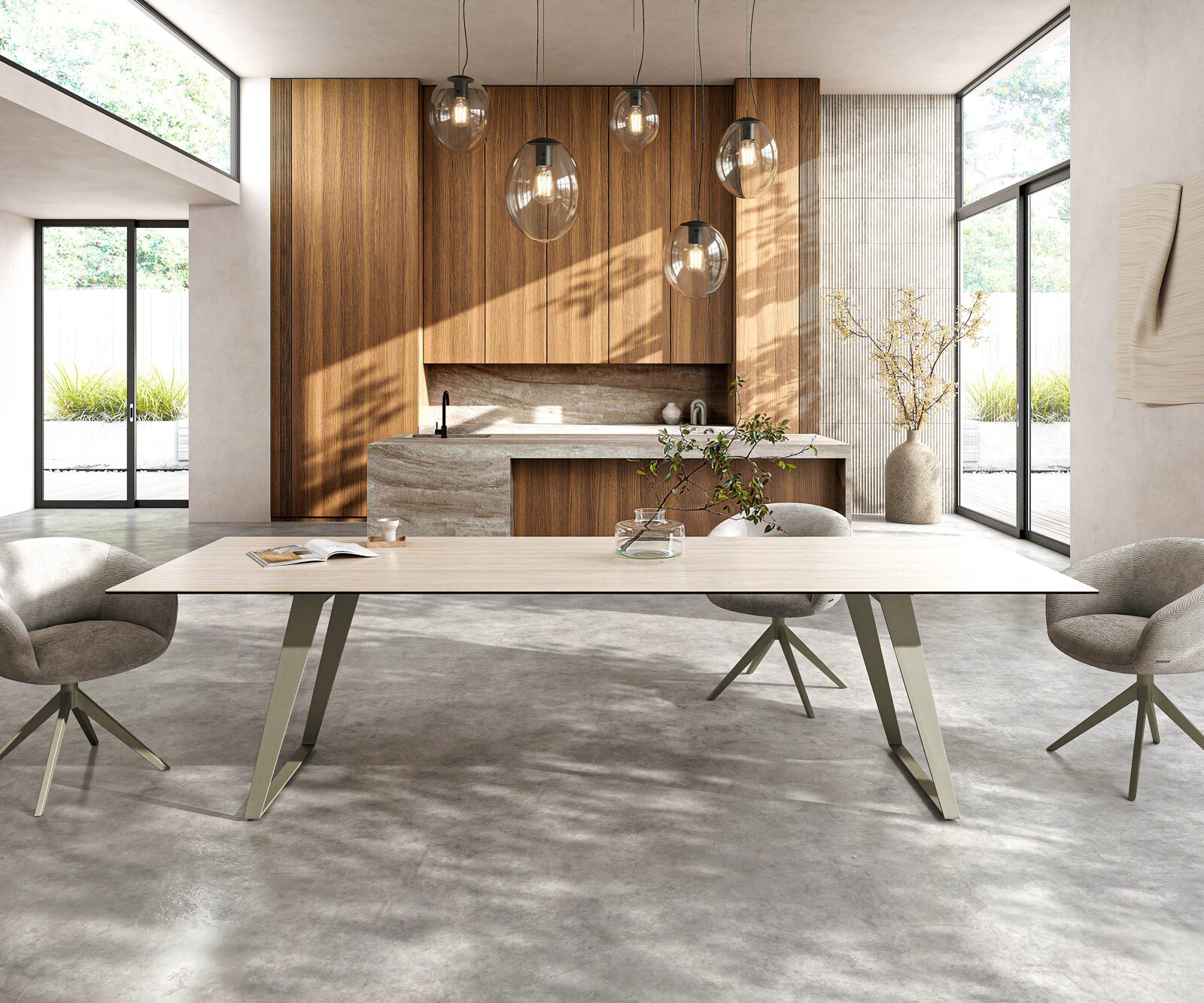 Esstisch Edge 300x100 cm Keramik Laminam® Travertino Bianco Creme-Weiß Metall Schräg Effektfinish Titan 1