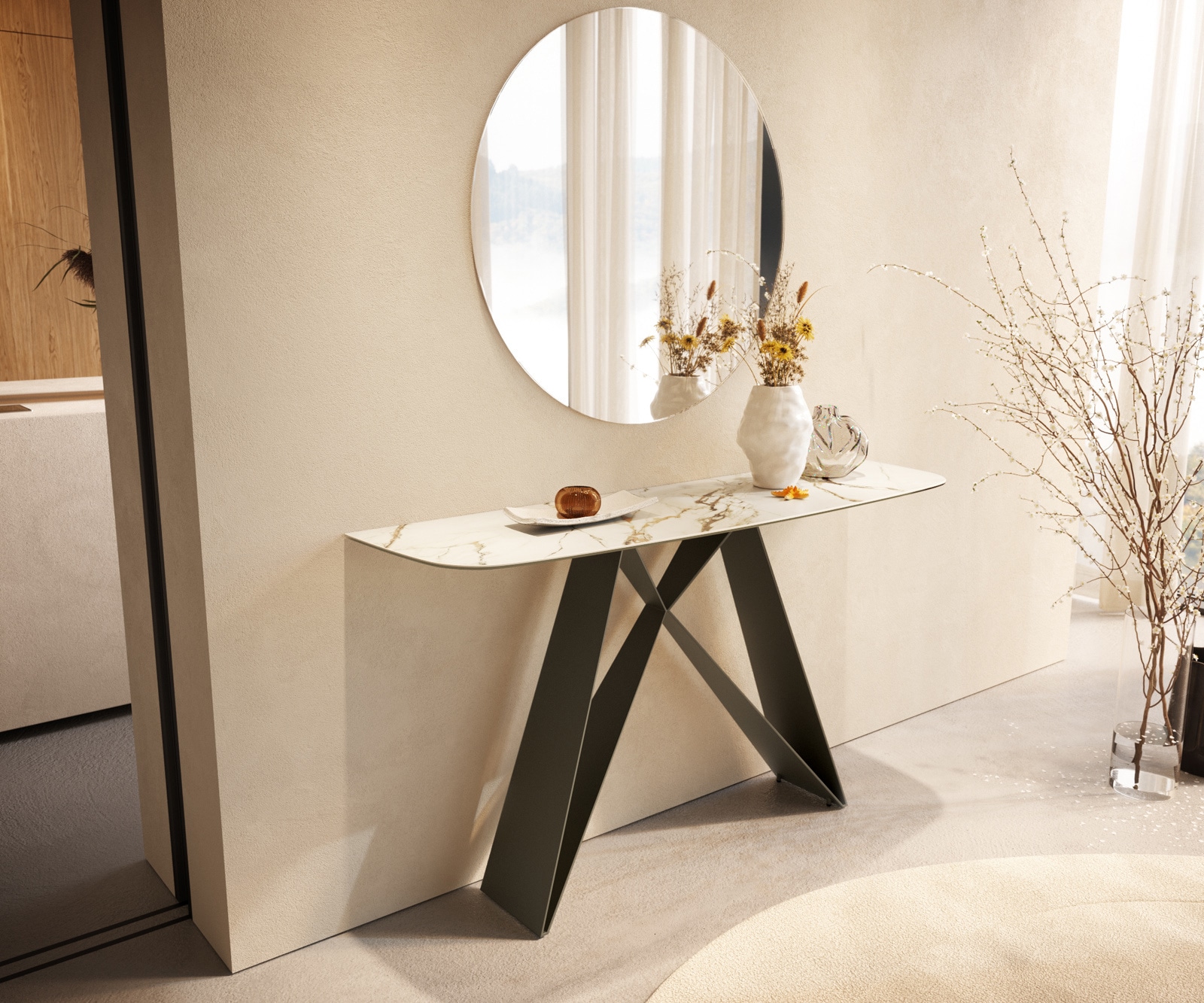 Konsolentisch Edge Boot 140x40 cm Keramik Calacatta Luxe Weiß-Gold-Grau Velio Metall Effektfinish Titan