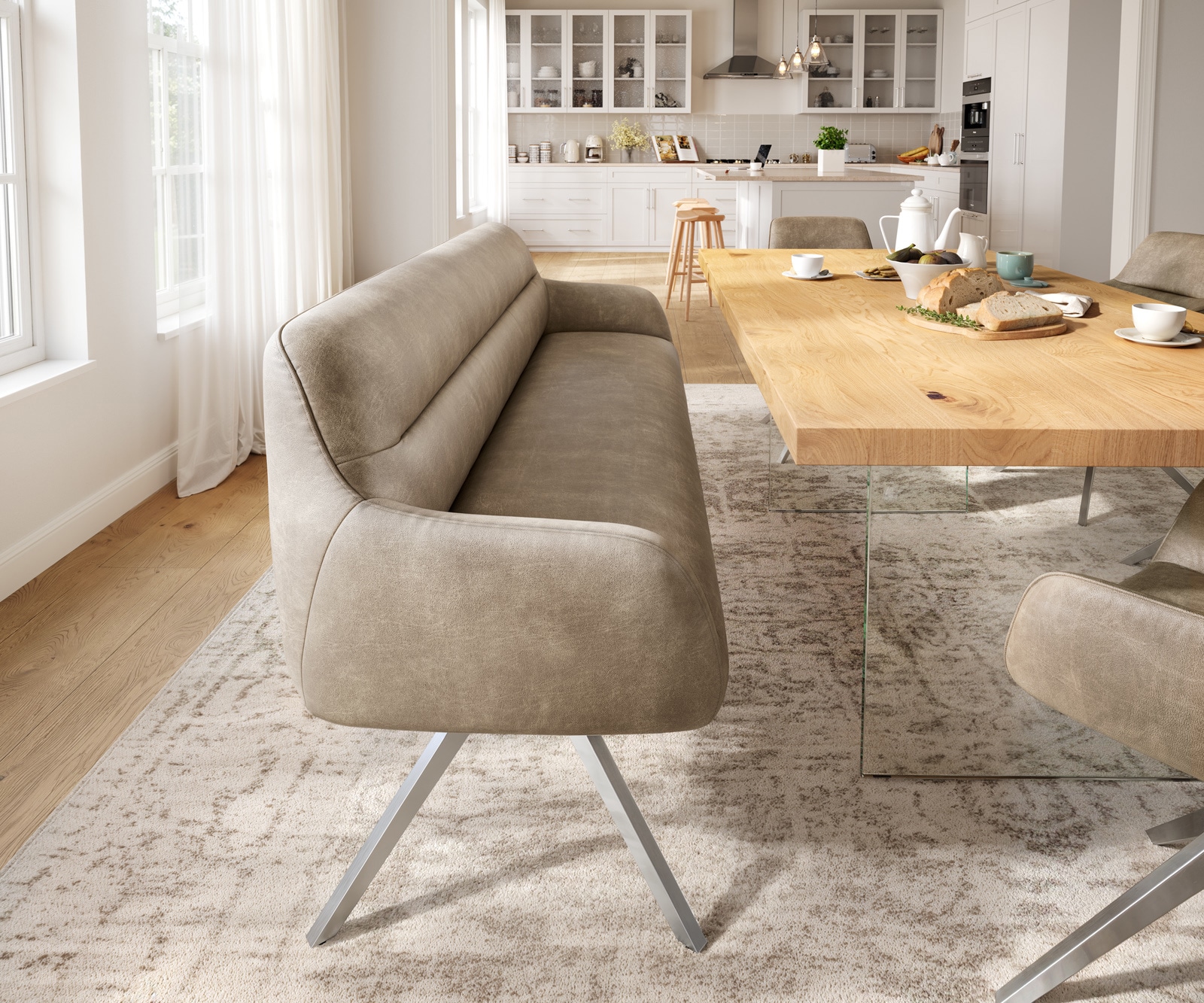 Esszimmerbank Taya-Flex 200 cm Mikrofaser Beige Vintage Kreuzgestell kantig Edelstahl Taschenfederkern 1