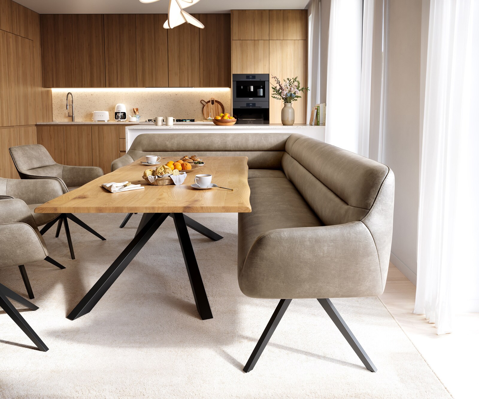 Esszimmerbank Taya-Flex 285x190 cm Mikrofaser Beige Vintage Kreuzgestell kantig Schwarz Taschenfederkern Rechts 2