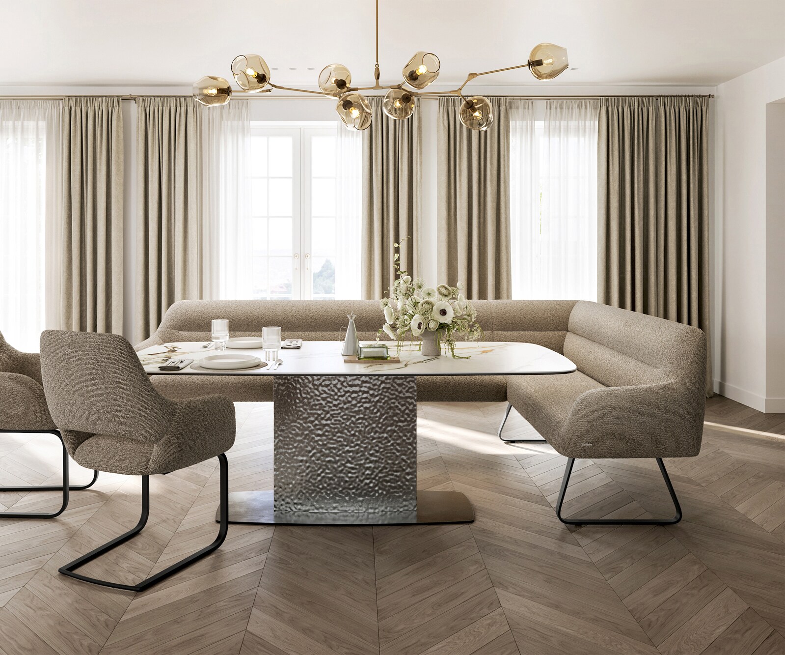 Esszimmerbank Taya-Flex 285x190 cm Bouclé Schlamm Kufengestell flach Schwarz Taschenfederkern Links 2