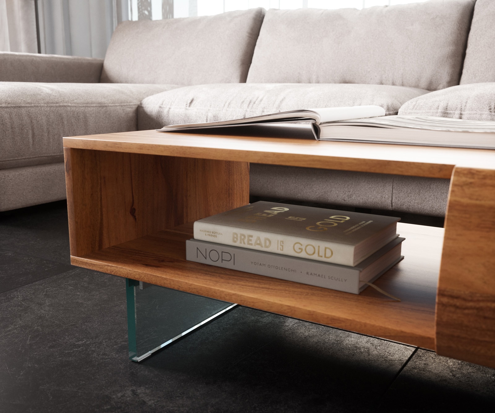 Couchtisch New Live-Edge 115x60 cm Akazie Natur 2 Schubladen 1 Fach Glasfuß schwebend 4 Couchtisch New Live-Edge 115x60 cm Akazie Natur 2 Schubladen 1 Fach Glasfuß schwebend 4