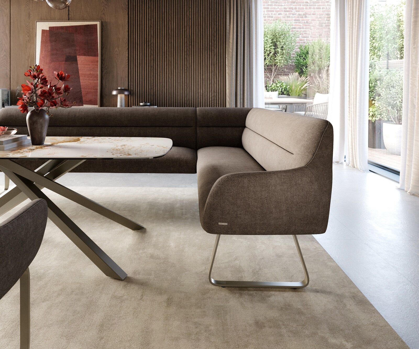 Esszimmerbank Taya-Flex 285x190 cm Strukturstoff Soft Taupe Kufengestell flach Effektfinish Titan Taschenfederkern Links 5