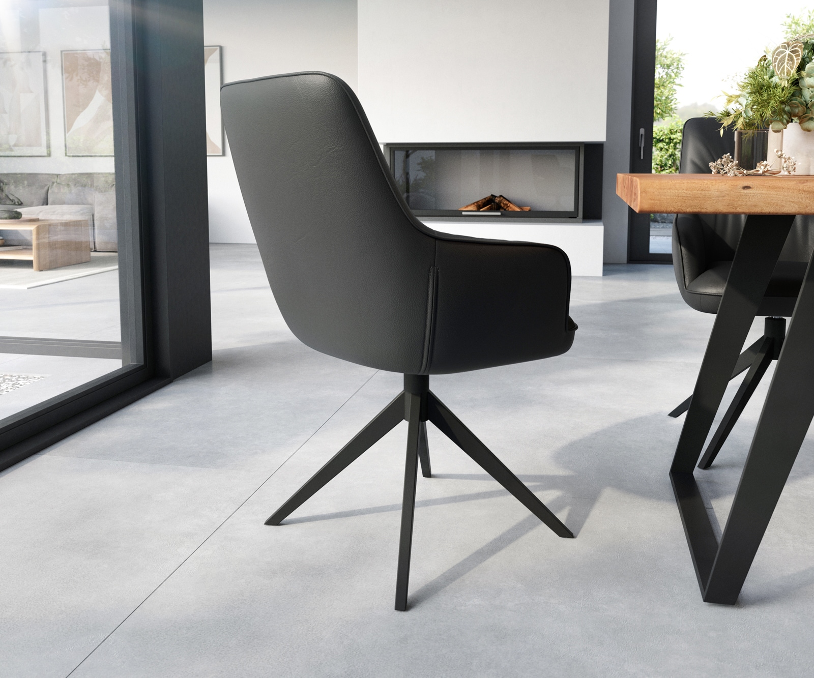 Esszimmerstuhl Zelia-Flex mit Armlehnen Echt-Leder Schwarz Kreuzgestell breit Schwarz Taschenfederkern 4 Esszimmerstuhl Zelia-Flex mit Armlehnen Echt-Leder Schwarz Kreuzgestell breit Schwarz Taschenfederkern 4
