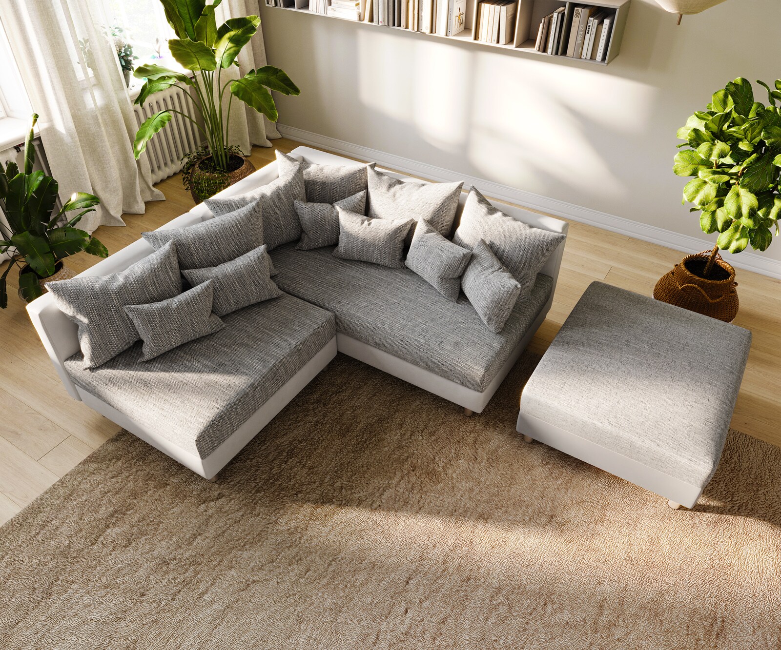 Ecksofa Clovis Weiss Hellgrau Hocker Ottomane Rechts modular 5