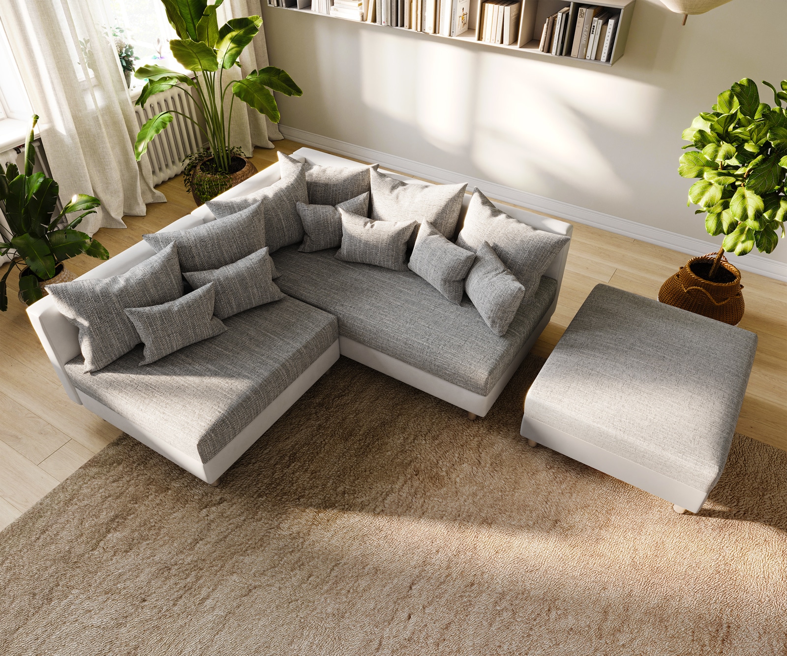 Ecksofa Clovis Weiss Hellgrau Hocker Ottomane Rechts modular 5 Ecksofa Clovis Weiss Hellgrau Hocker Ottomane Rechts modular 5