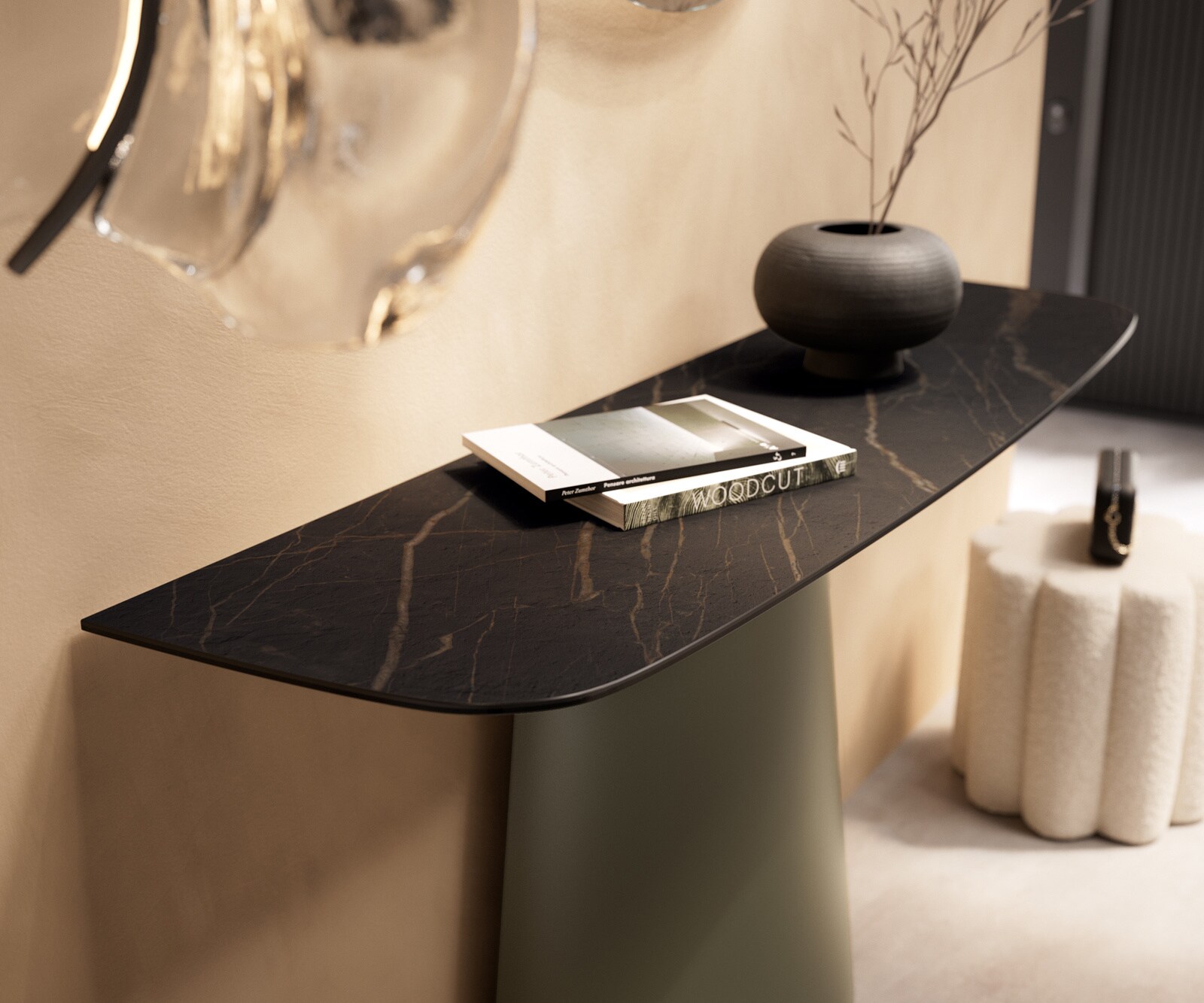 Konsolentisch Edge Boot 140x40 cm Keramik Laminam® Noir Desir Braun Conos Metall Effektfinish Titan 6