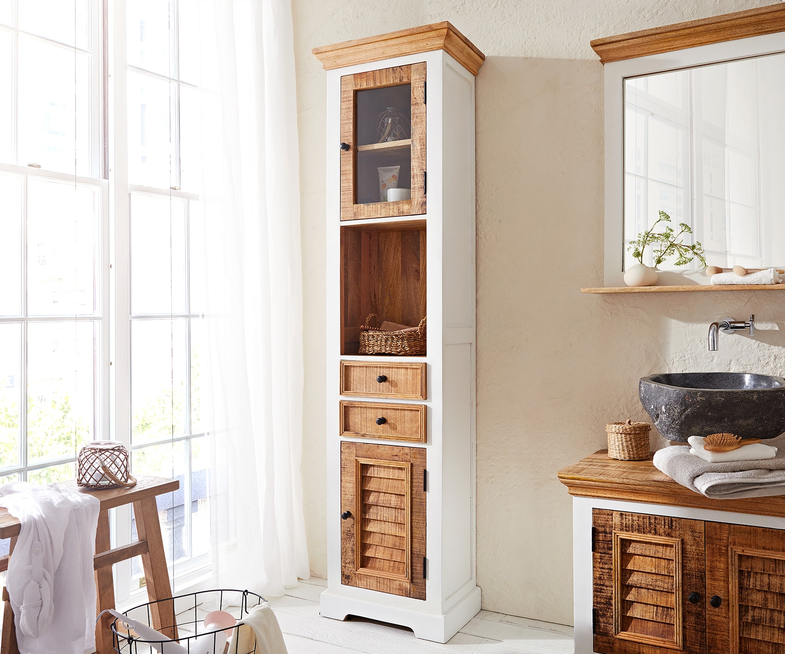 Hochschrank Casa  45x190 cm Mango Weiss Natur 1