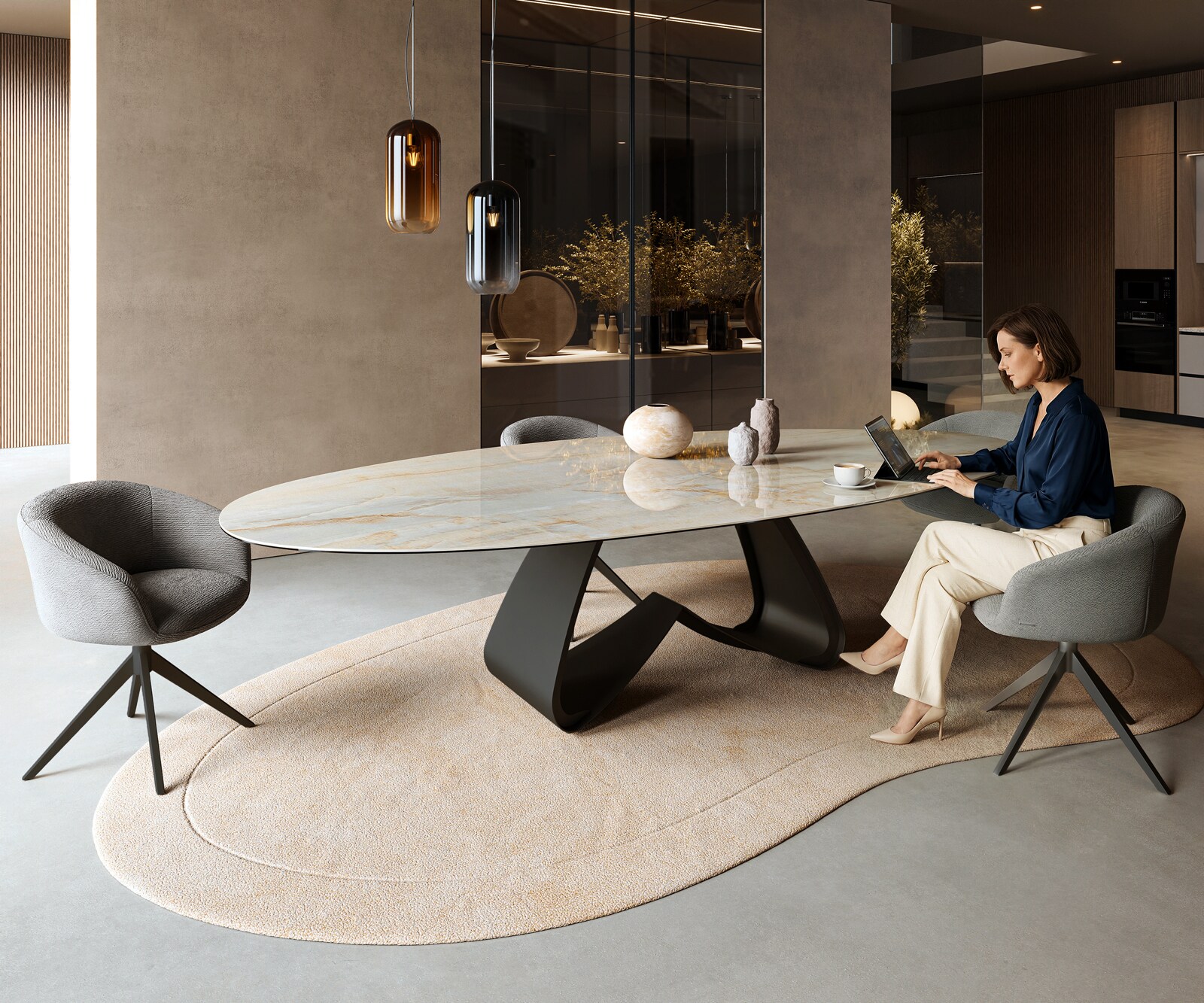 Esstisch Edge Oval 315x150 cm Keramik Iris FMG Onice Oro W-Gestell Metall Schwarz 6