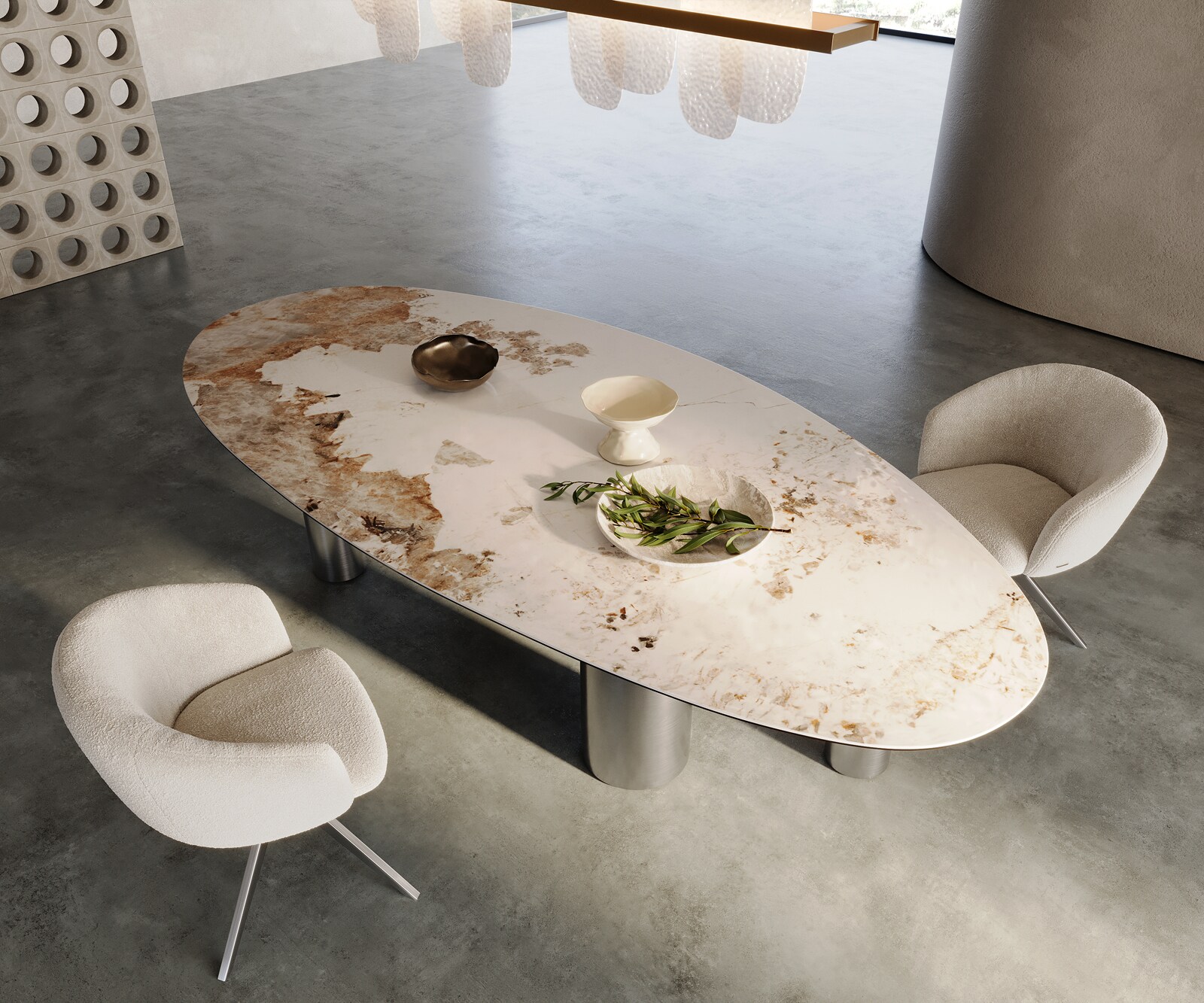 Esstisch Edge Oval 280x130 Keramik Minas Melange Weiß-Beige Pilier Edelstahl