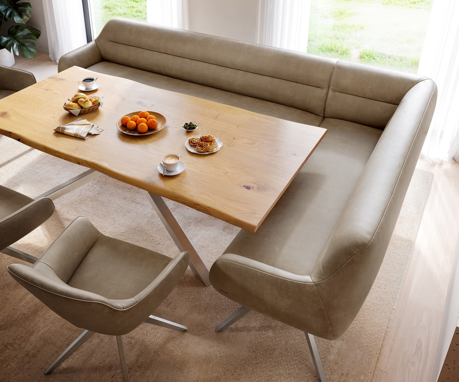 Esszimmerbank Taya-Flex 285x190 cm Mikrofaser Beige Vintage Kreuzgestell kantig Edelstahl Taschenfederkern Rechts 4