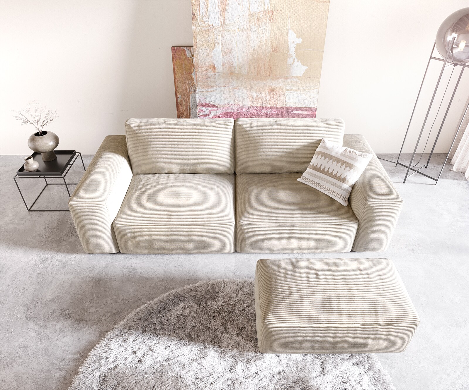 Big-Sofa Lanzo 230x95 cm Cord Beige mit Hocker 3