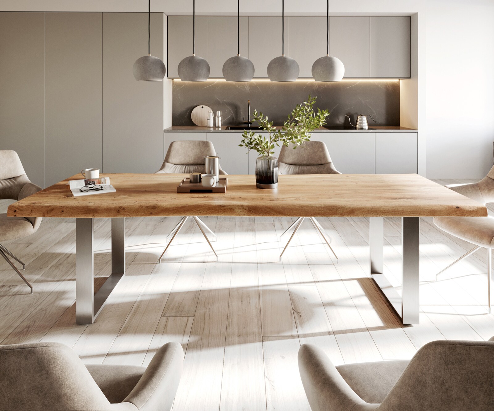 Esstisch Edge 280x100cm XL Akazie Natur Edelstahl schmal Live-Edge 1