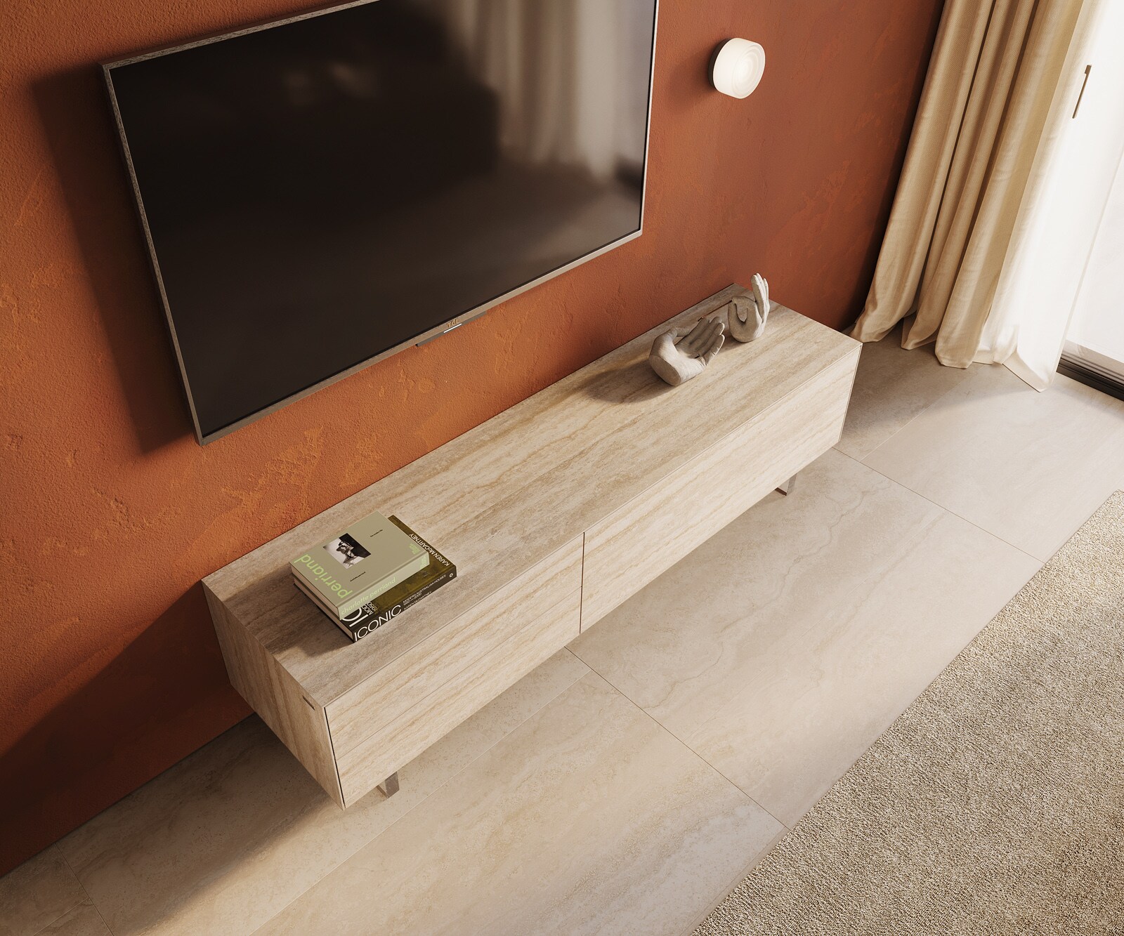 Lowboard Cuor 180 cm Keramik Laminam® Travertino Bianco Creme-Weiß 1 Klappe 2 Schubfächer Fuß Schwebeoptik Acrylglas 4
