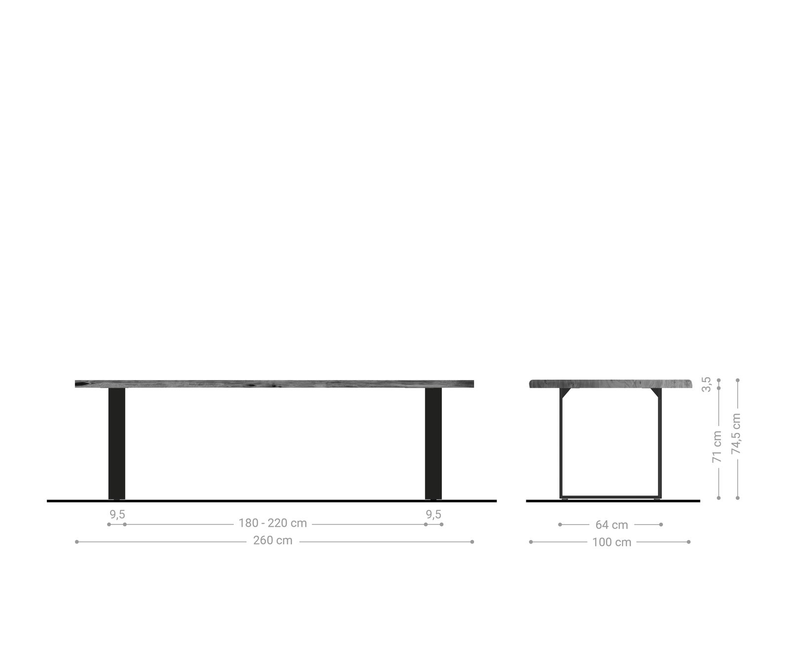 Esstisch Edge 260x100 Akazie Natur Edelstahl Schmal Live-Edge 7