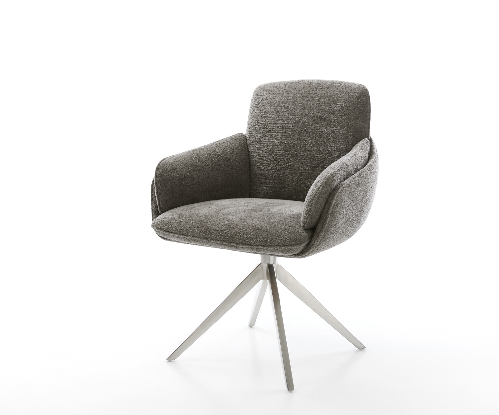 Drehstuhl Luan-Flex mit Armlehnen Bouclé Soft Schlamm Kreuzgestell breit Edelstahl 360° drehbar Wippfunktion