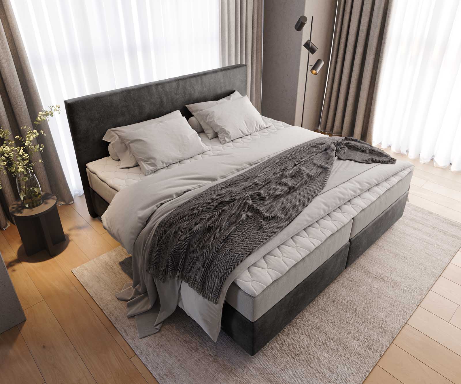 Boxspringbett Dream-Well Mikrofaser Anthrazit Vintage 200x200 cm mit Taschenfederkernmatratze und Topper Visco 3
