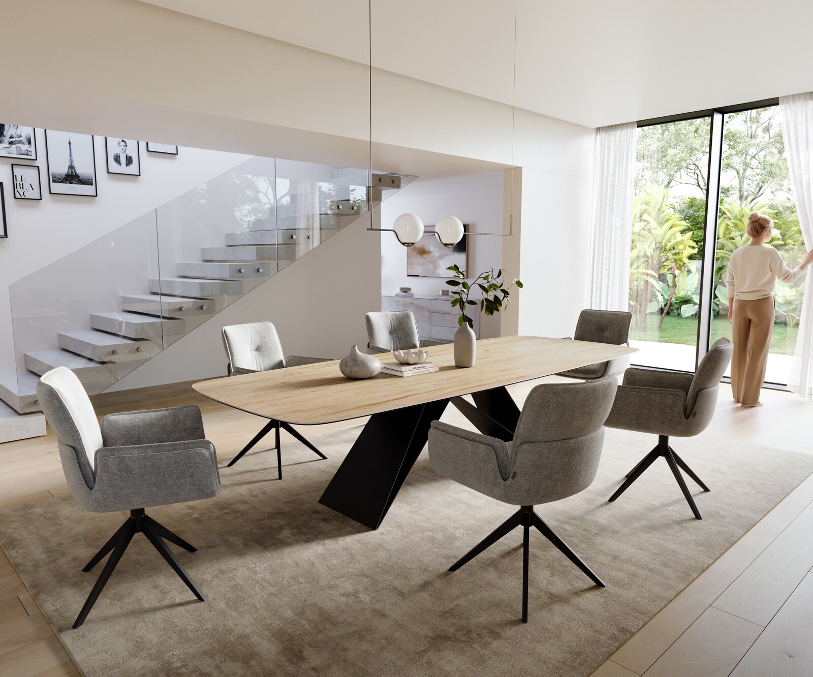 Esstisch Edge Boot 300x120 cm Keramik Laminam® Sabbia Eichefarbig V-Gestell Flachstahl Schwarz 6