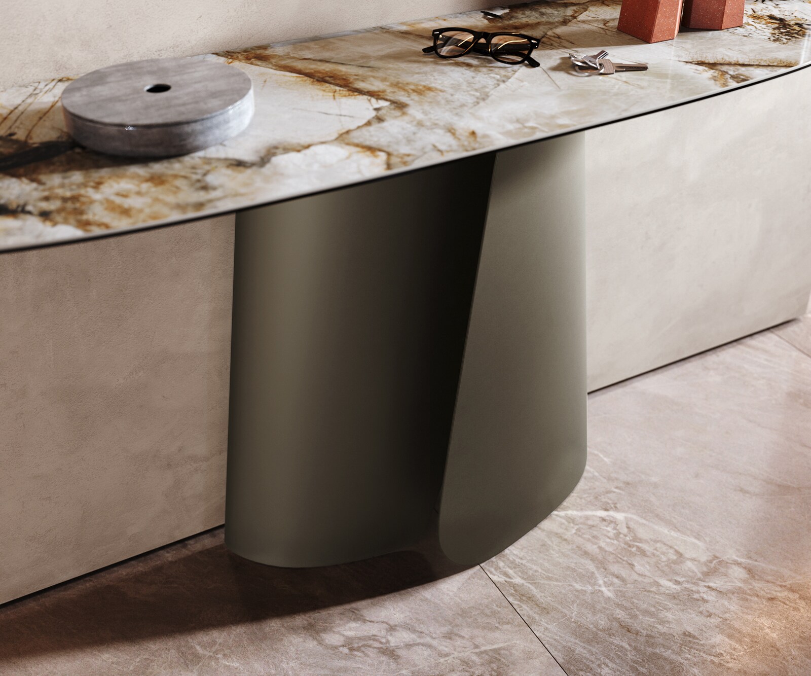 Konsolentisch Edge Organisch 140x40 cm Keramik Patagonia Poliert Livos Metall Effektfinish Titan 5