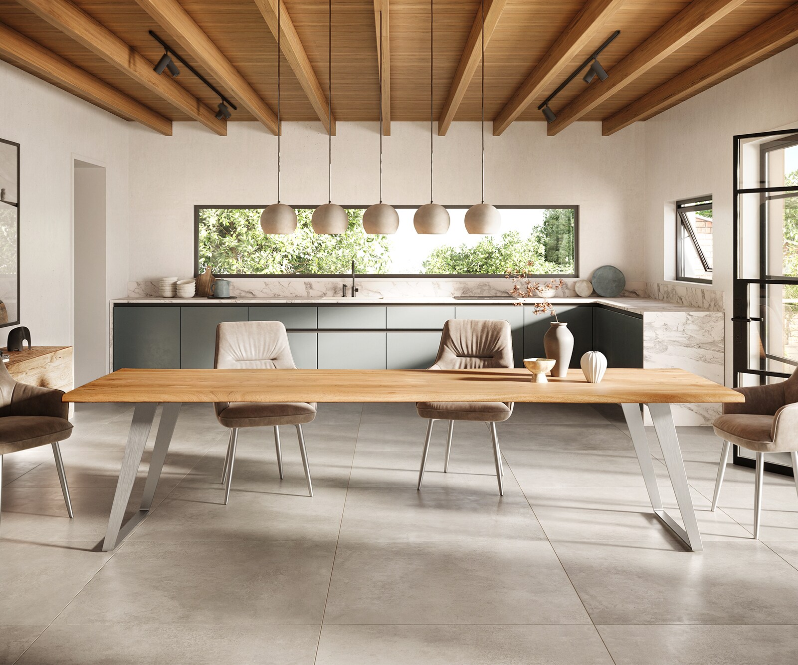 Esstisch Edge 300x100cm Akazie Natur Edelstahl Silber schräg Live-Edge 1