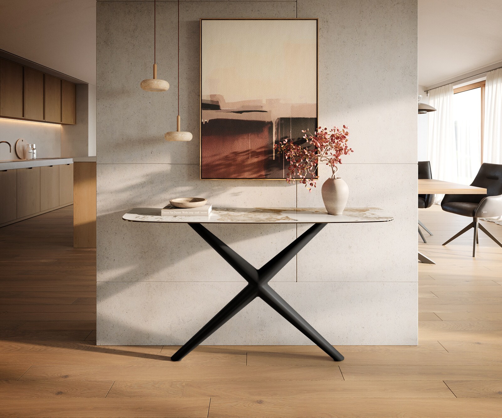 Konsolentisch Edge Boot 140x40 cm Keramik Minas Melange Weiß-Beige Estelo Metall Schwarz 3