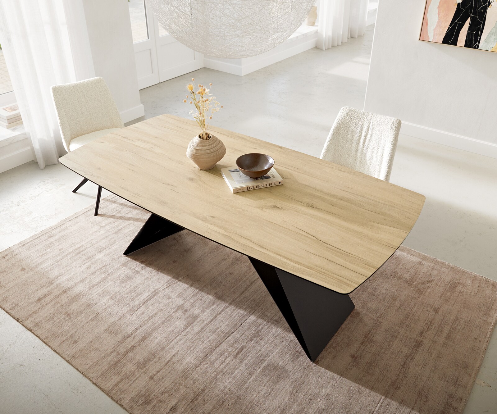 Esstisch Edge Boot 200x100 Keramik Laminam® Sabbia Eichefarbig V-Gestell Flachstahl Schwarz 3