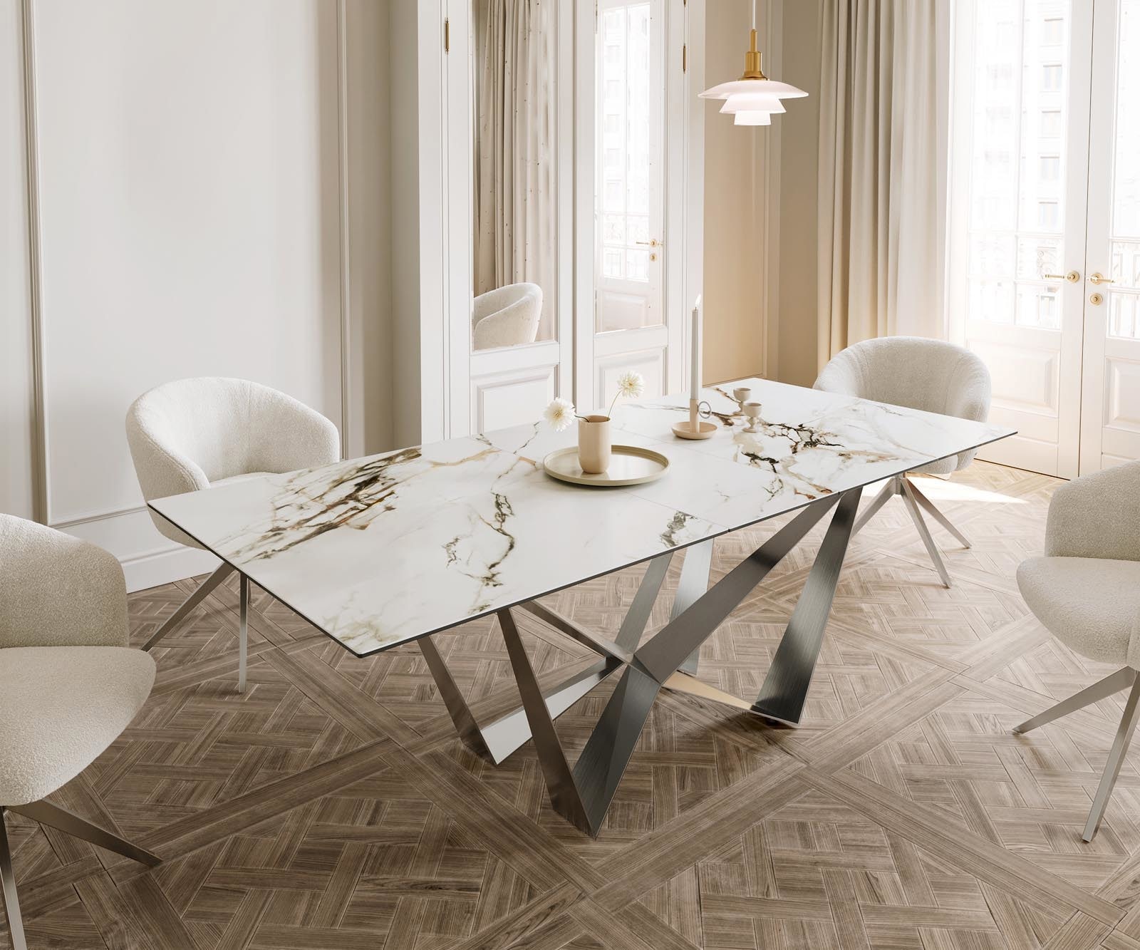 Esstisch Edge 180-220x100 Keramik Calacatta Luxe Weiß-Gold-Grau Spider Flachstahl Edelstahl ausziehbar Esstisch Edge 180-220x100 Keramik Calacatta Luxe Weiß-Gold-Grau Spider Flachstahl Edelstahl ausziehbar