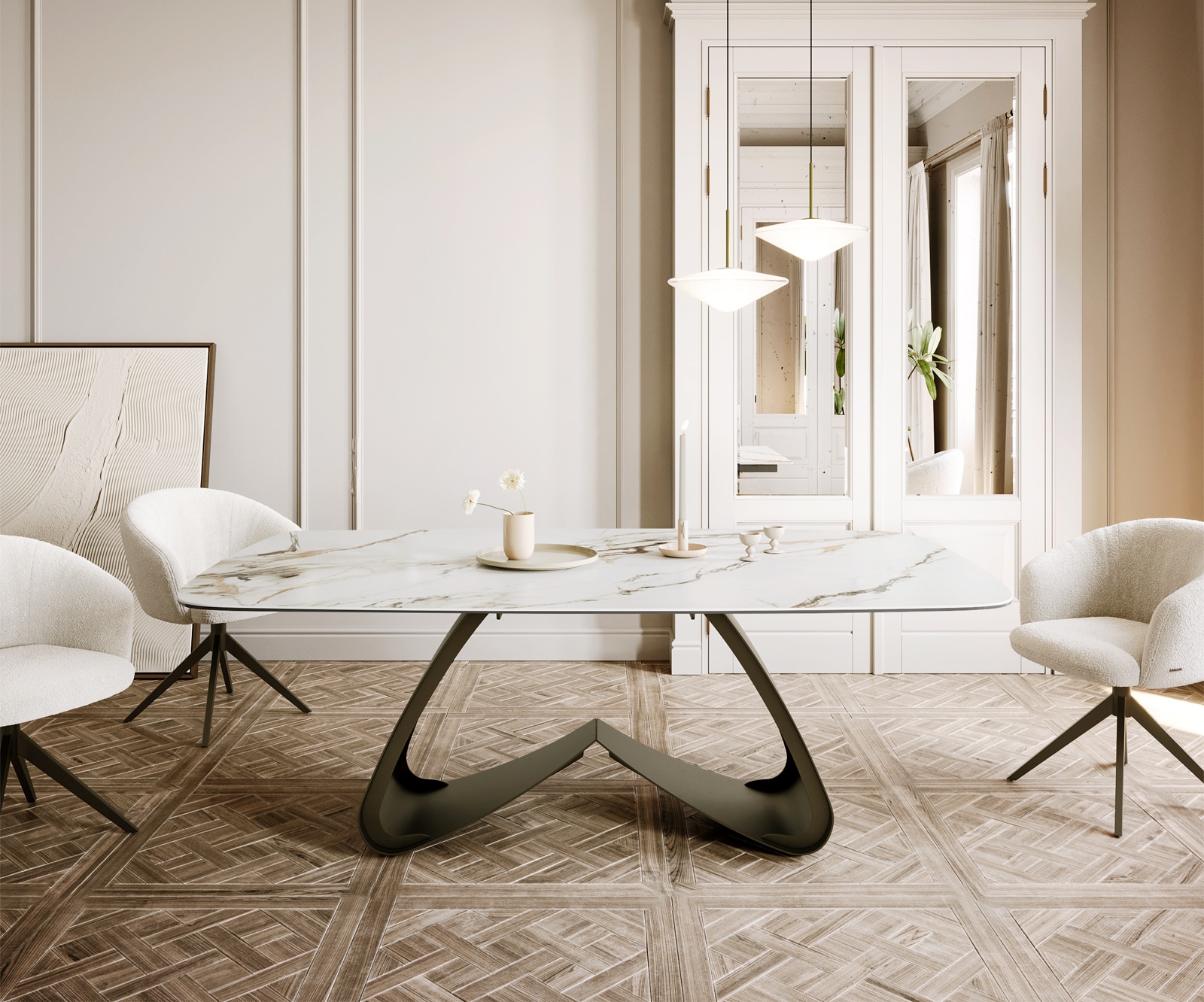 Esstisch Edge Boot 200x100 Keramik Calacatta Luxe Weiß-Gold-Grau W-Gestell Metall Effektfinish Titan 3