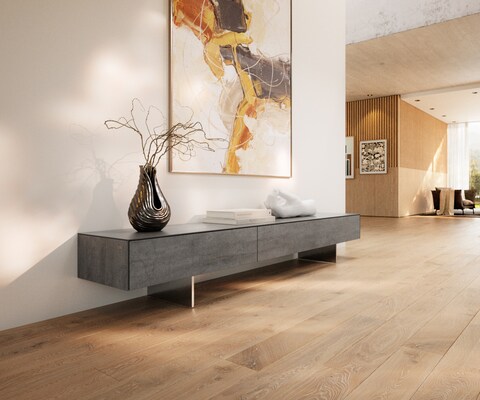 Lowboard Cuor 200 cm Keramik Beton Grau 1 Klappe 1 Schubfach Fuß Schwebeoptik Edelstahl