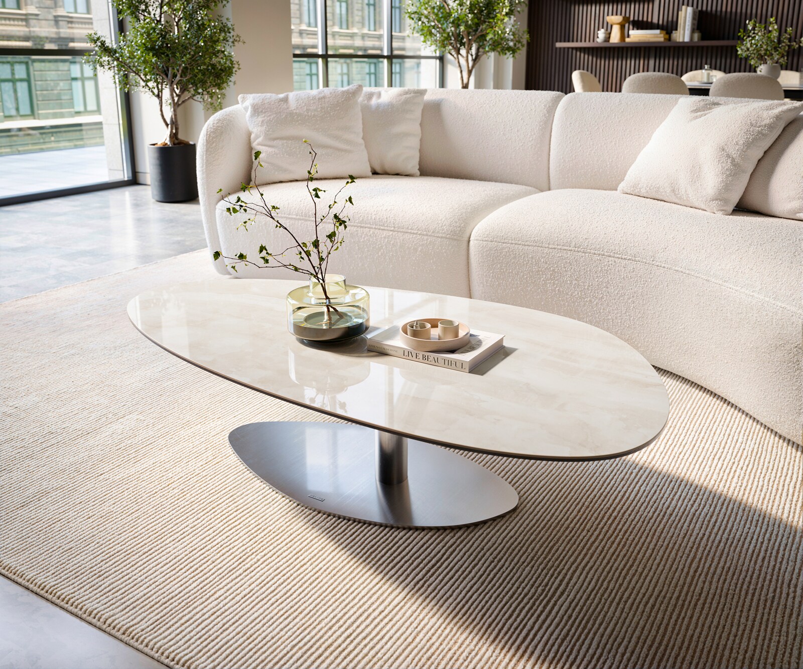 Couchtisch Edge Oval 140x75 cm Keramik Onyx Champagne Vibany Edelstahl gebürstet 3
