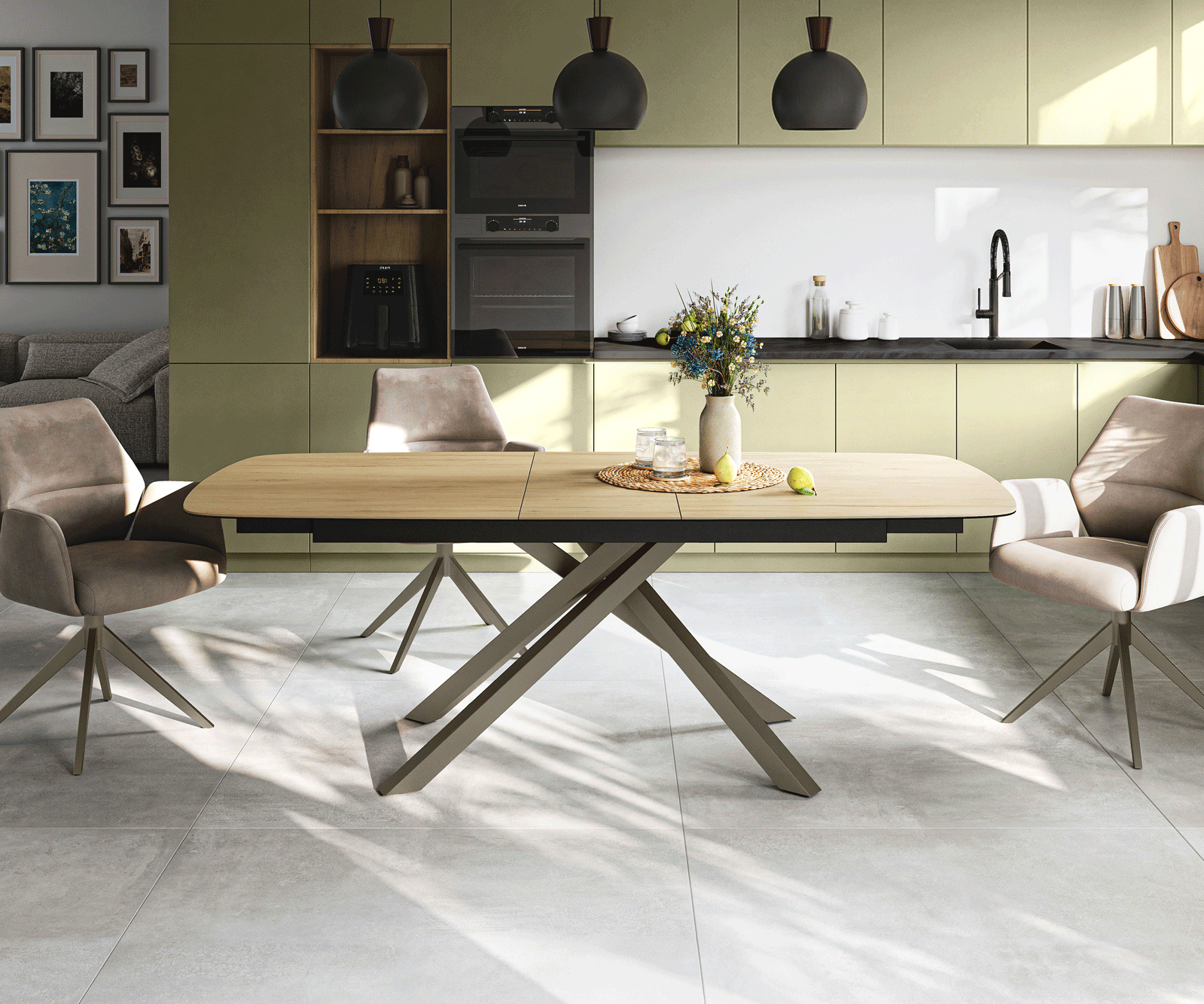 Esstisch Edge Boot 180-220x100 cm Keramik Laminam® Sabbia Eichefarbig Kreuzgestell Rechteck Effektfinish Titan ausziehbar 2
