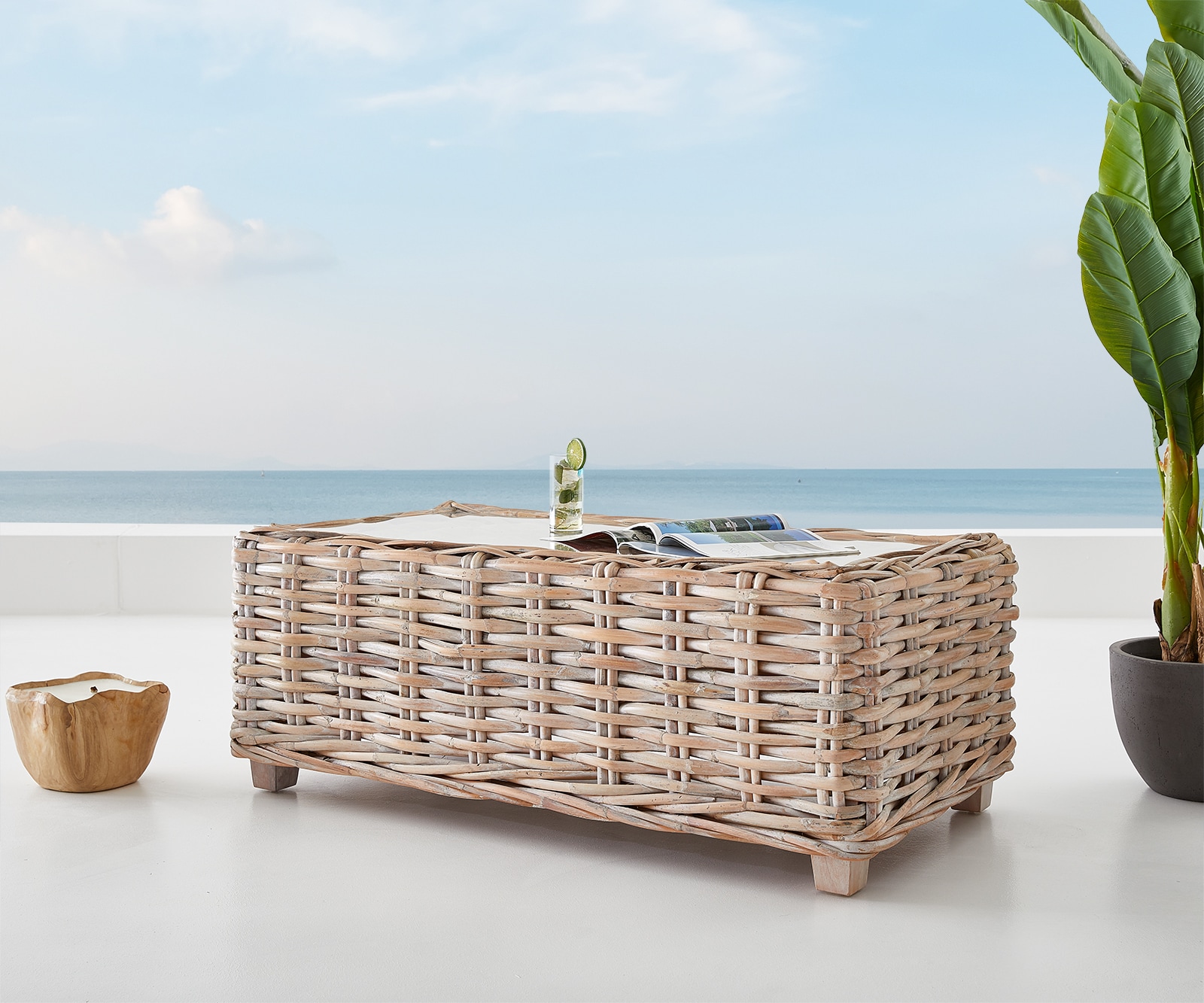 Loungetisch Nizza 133x73 cm Rattan white washed Glasplatte
