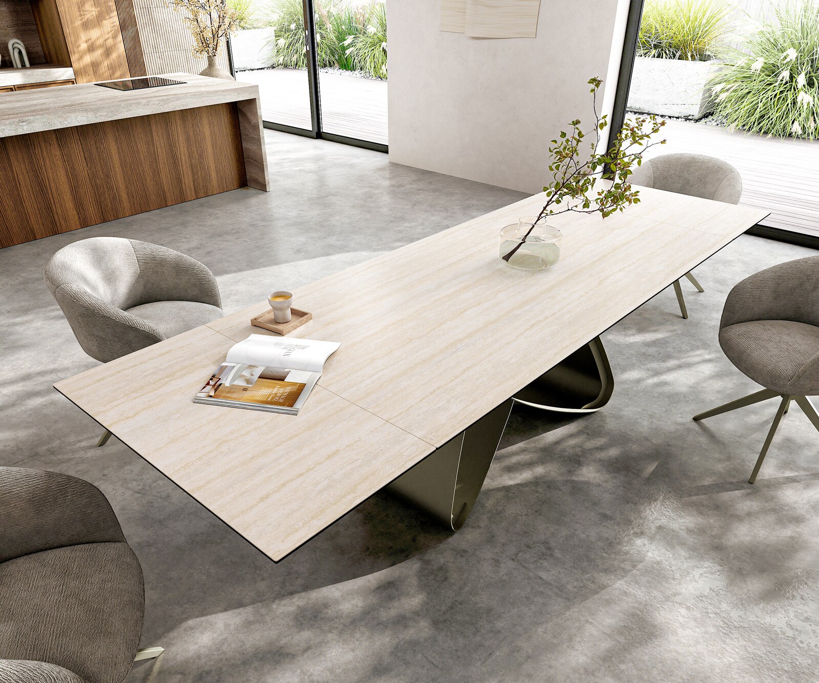 Esstisch Edge 200-300x100 Keramik Laminam® Travertino Bianco Creme-Weiß W-Gestell Effektfinish Titan ausziehbar 3