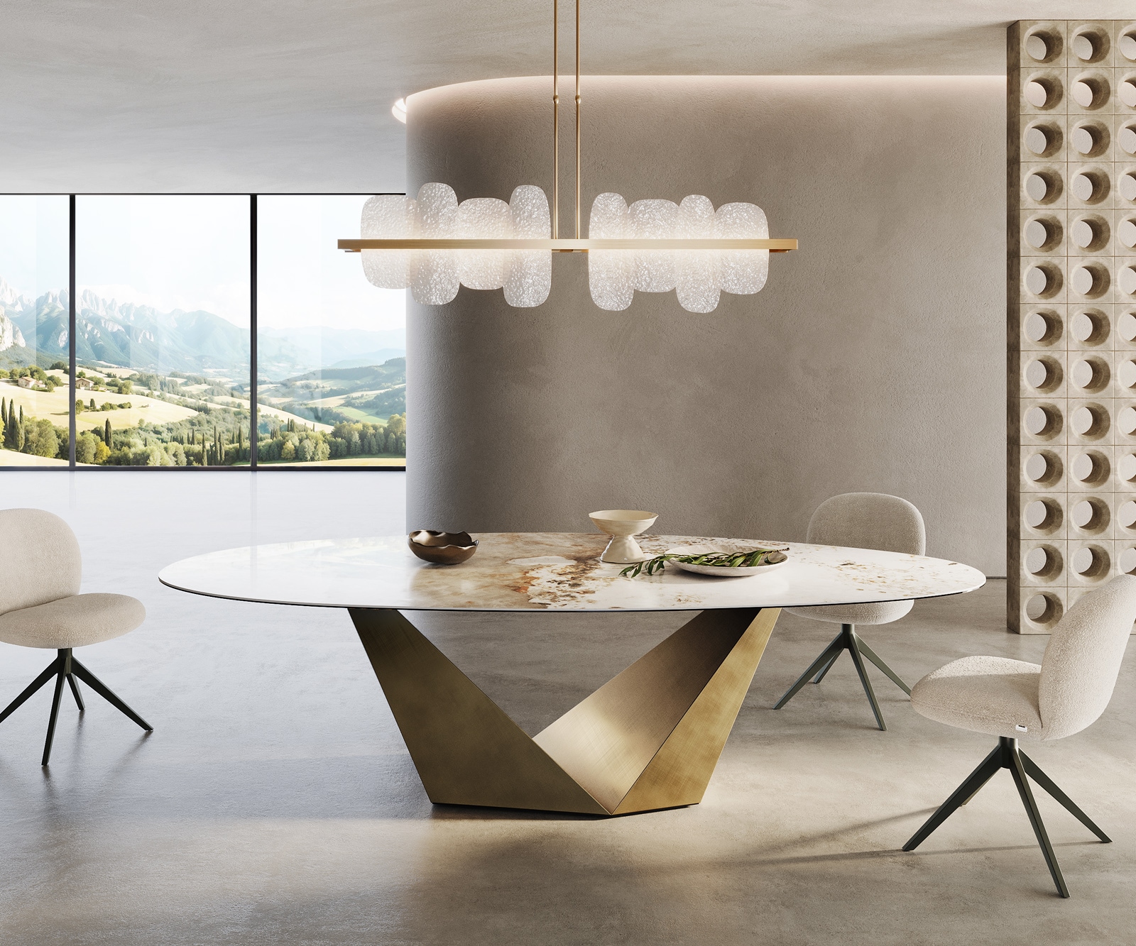 Esstisch Edge Oval 280x130 Keramik Minas Melange Weiß-Beige Prisma Metallic Gold 1