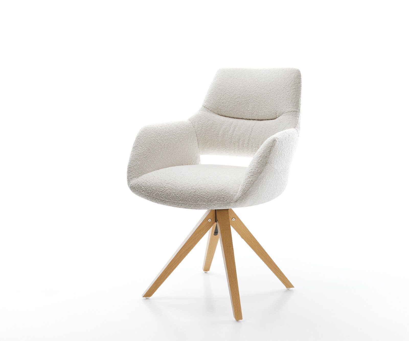 Drehstuhl Yago-Flex mit Armlehnen Bouclé Creme-Weiß Holzgestell kantig Natur 180° drehbar Taschenfederkern
