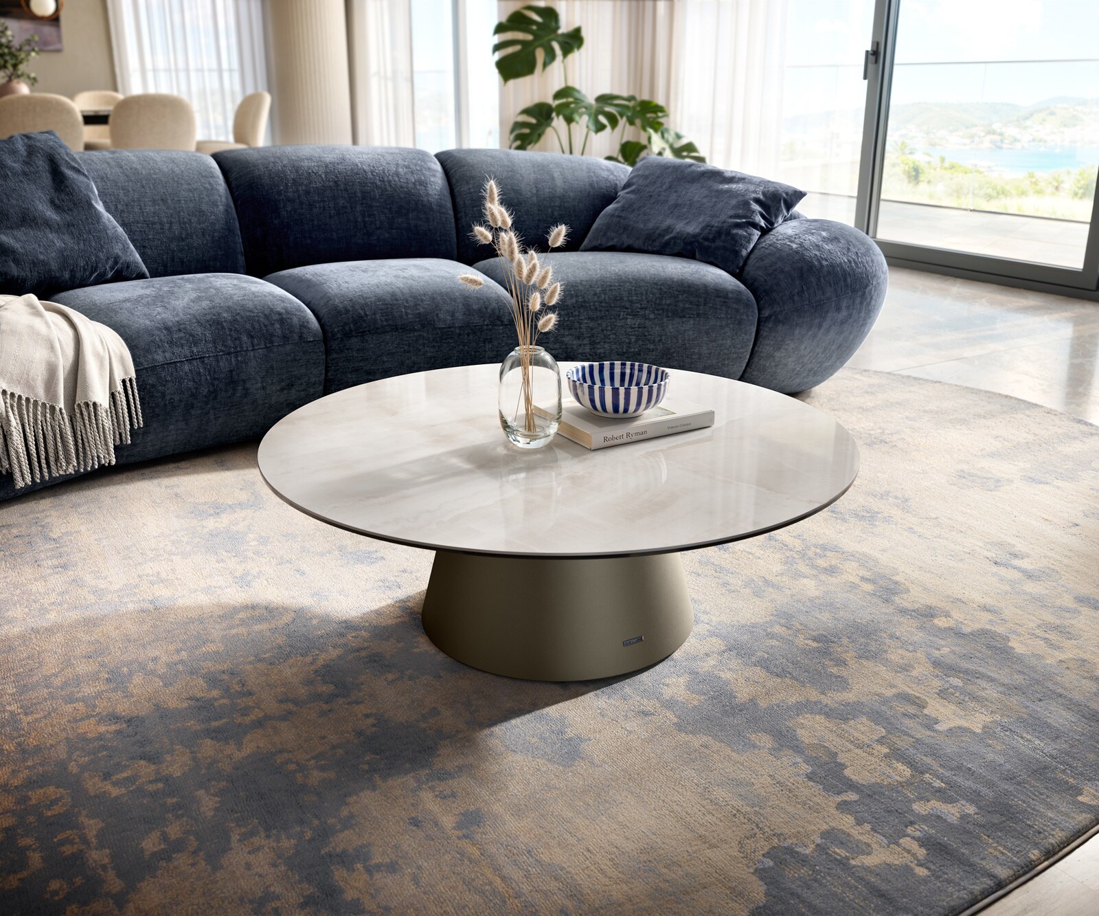 Couchtisch Edge Rund 100x100 cm Keramik Onyx Champagne Borna Effektfinish Titan